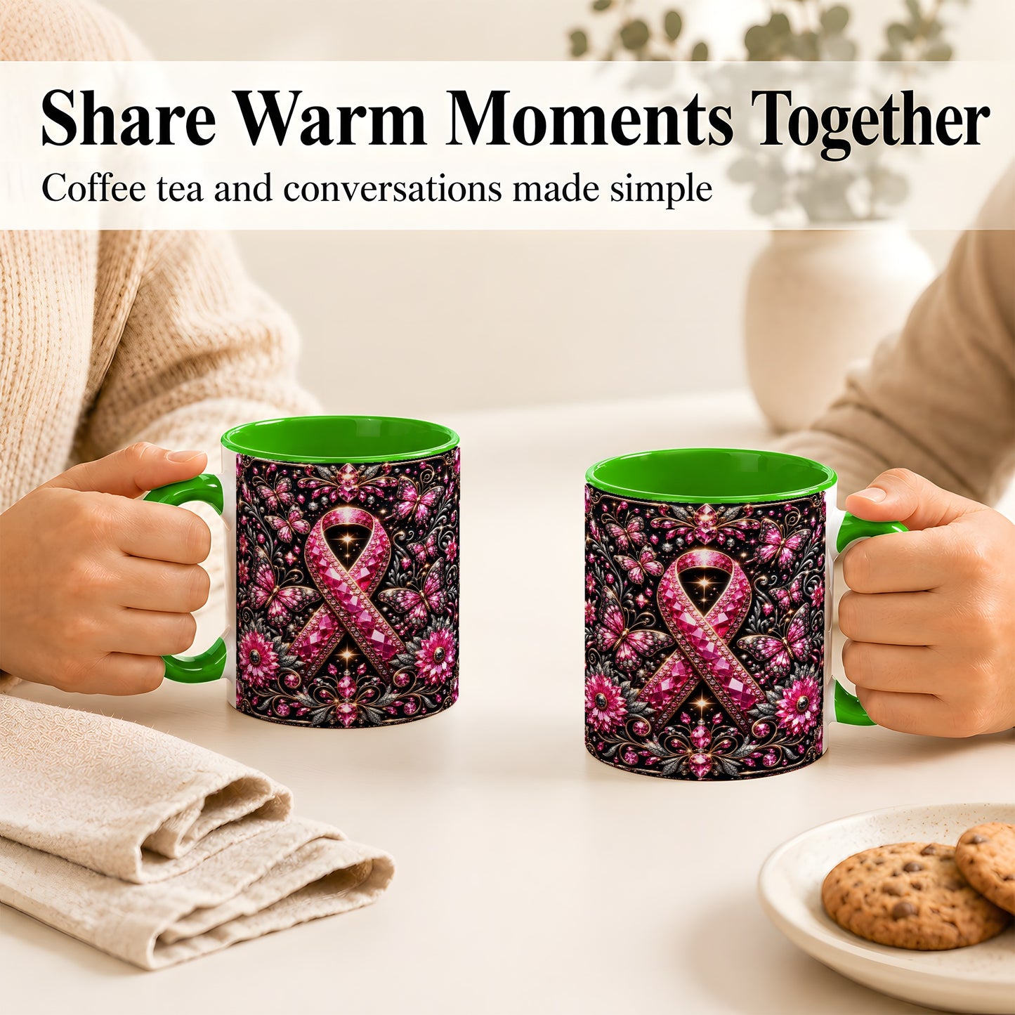 #pl[11oz|Green] Breast Cancer Awareness Coffee Mug, Pink Ribbon Mug, Ceramic Cup