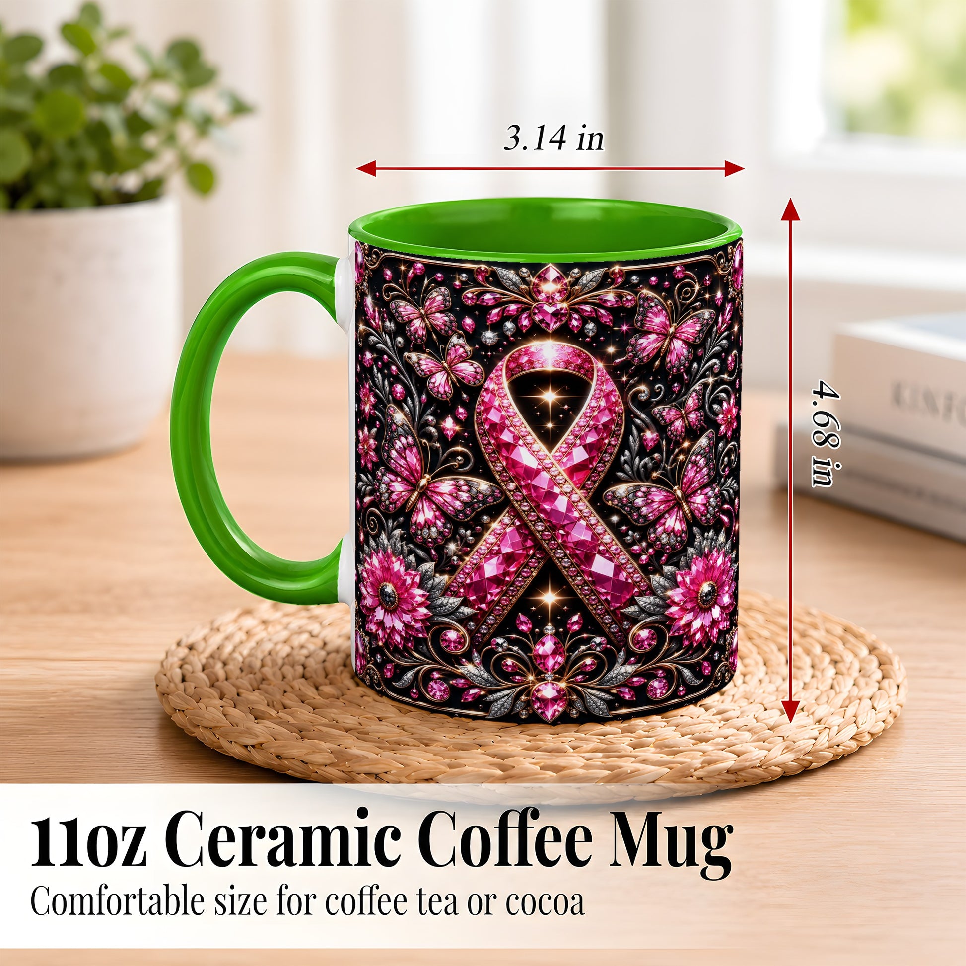 #pl[11oz|Green] Breast Cancer Awareness Coffee Mug, Pink Ribbon Mug, Ceramic Cup