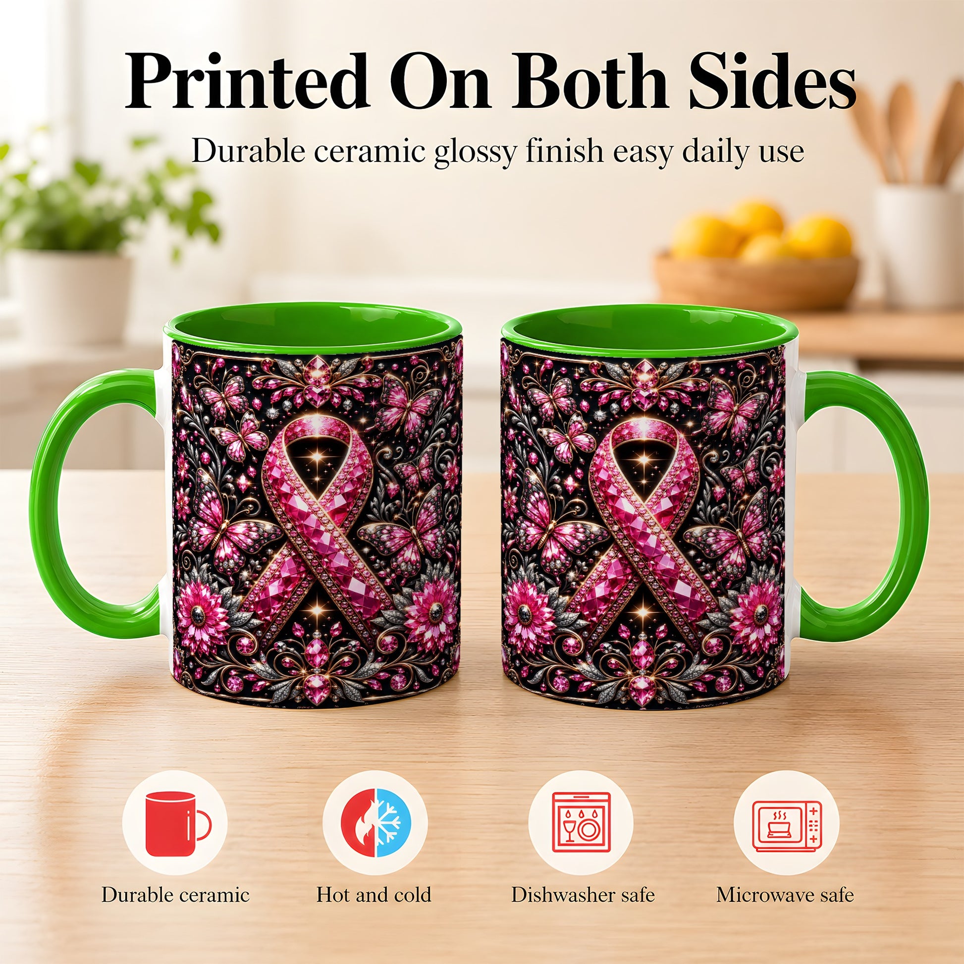 #pl[11oz|Green] Breast Cancer Awareness Coffee Mug, Pink Ribbon Mug, Ceramic Cup