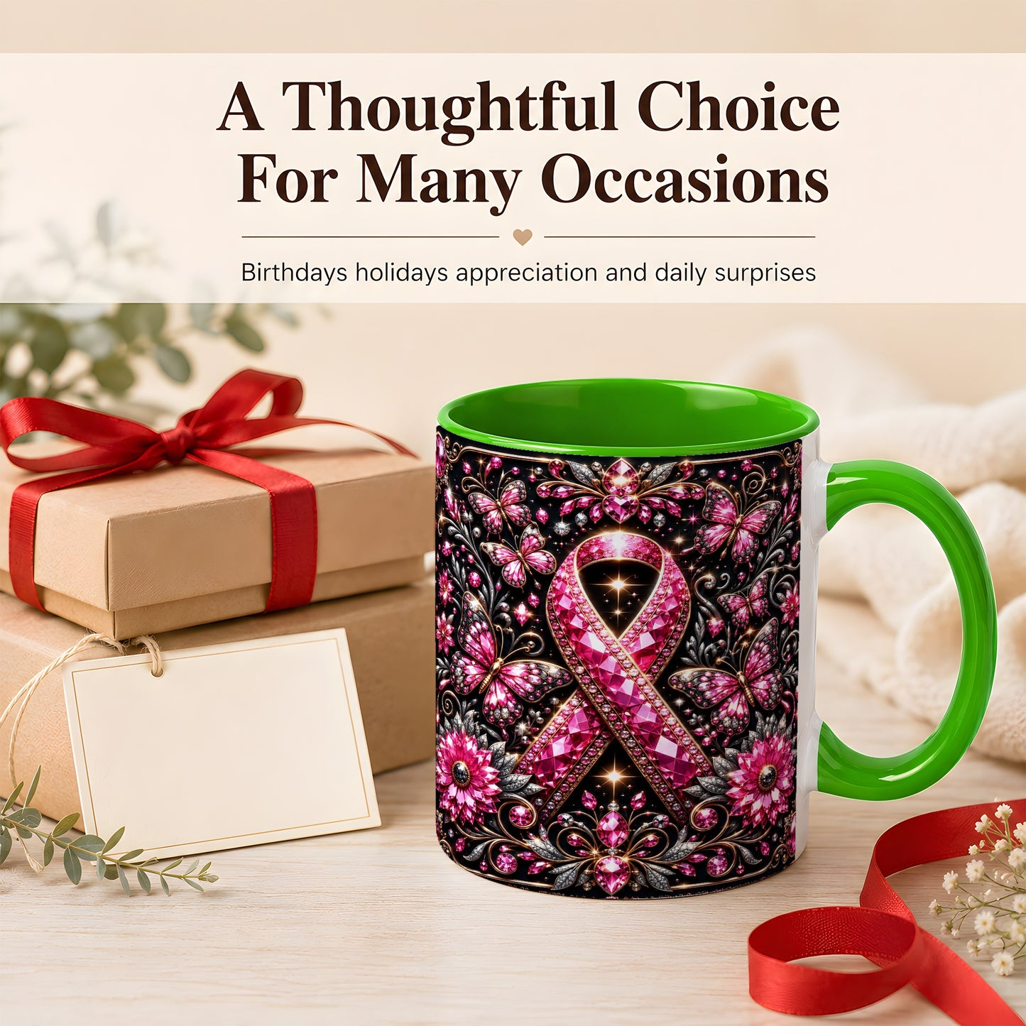 #pl[11oz|Green] Breast Cancer Awareness Coffee Mug, Pink Ribbon Mug, Ceramic Cup