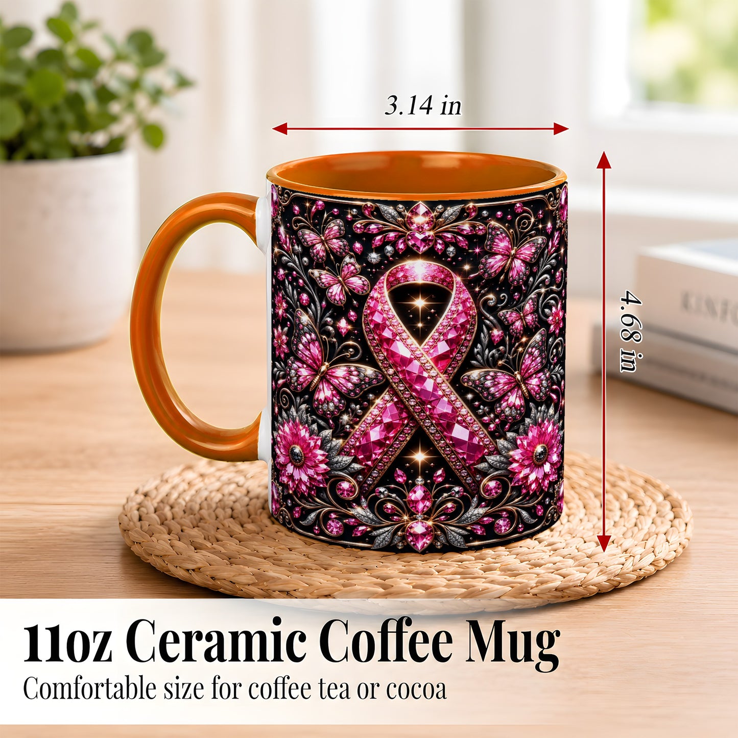 #pl[11oz|Orange] Breast Cancer Awareness Coffee Mug, Pink Ribbon Mug, Ceramic Cup