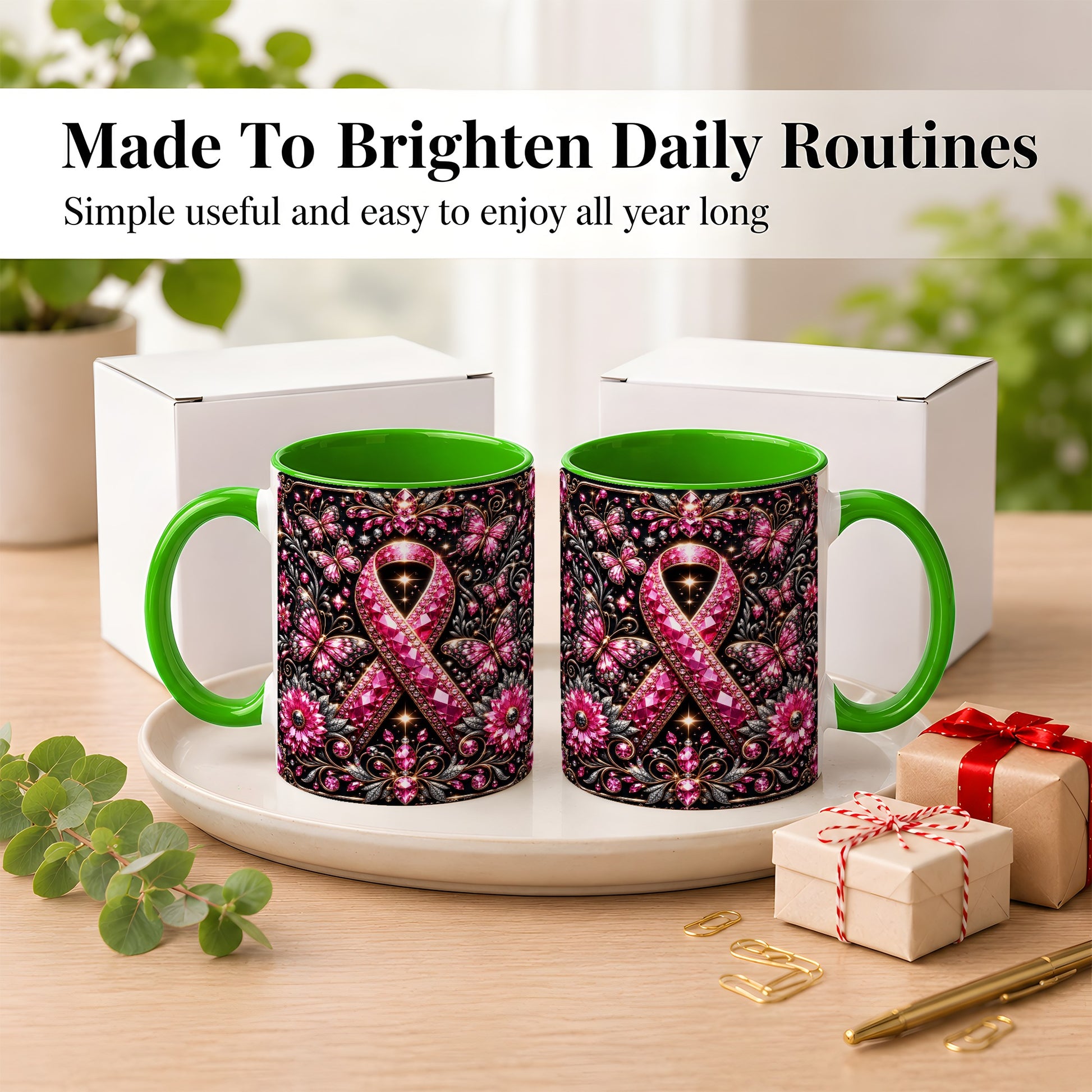 #pl[11oz|Green] Breast Cancer Awareness Coffee Mug, Pink Ribbon Mug, Ceramic Cup