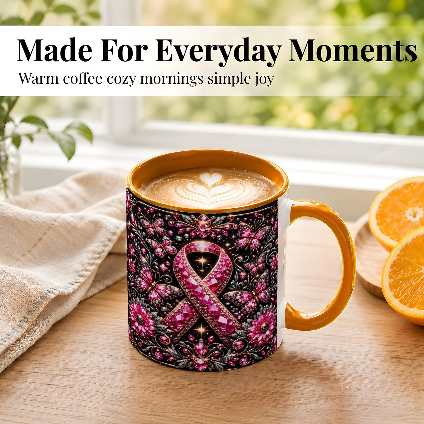 #pl[11oz|Orange] Breast Cancer Awareness Coffee Mug, Pink Ribbon Mug, Ceramic Cup