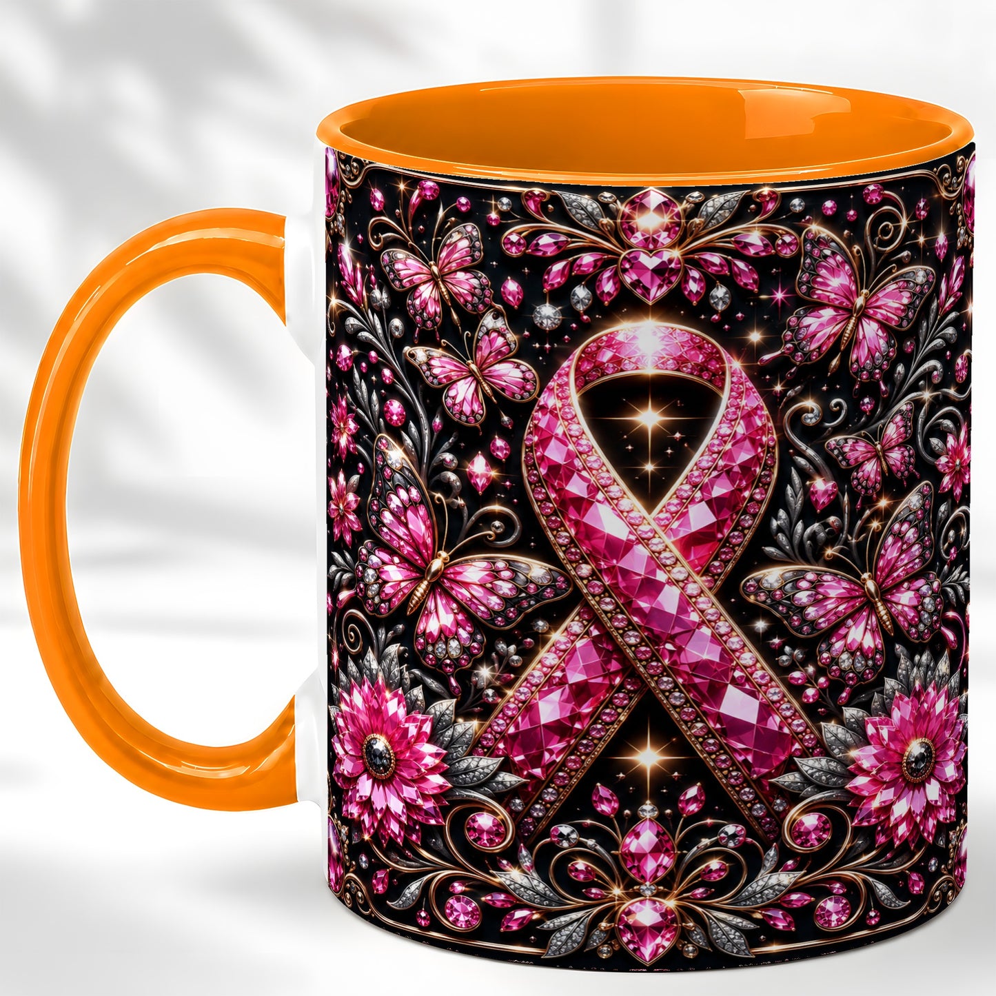 #pl[11oz|Orange] Breast Cancer Awareness Coffee Mug, Pink Ribbon Mug, Ceramic Cup