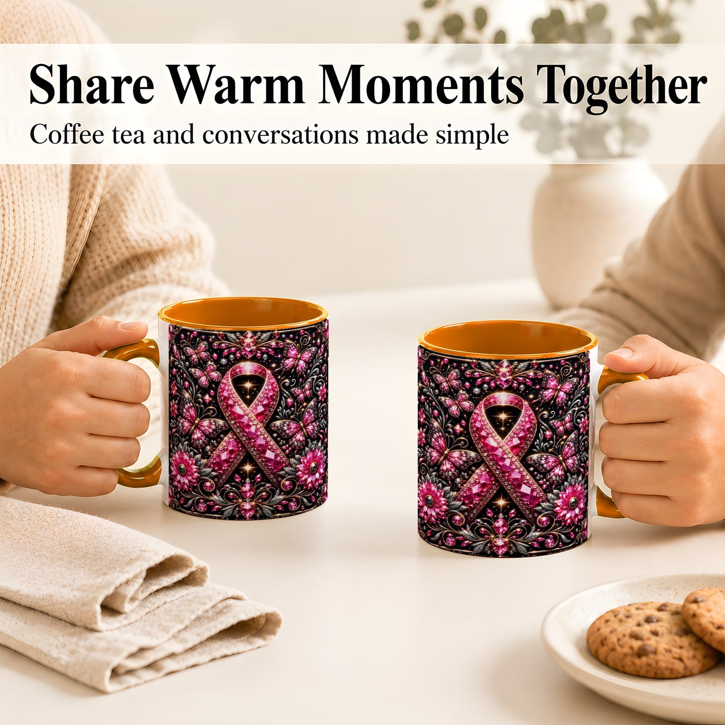 #pl[11oz|Orange] Breast Cancer Awareness Coffee Mug, Pink Ribbon Mug, Ceramic Cup