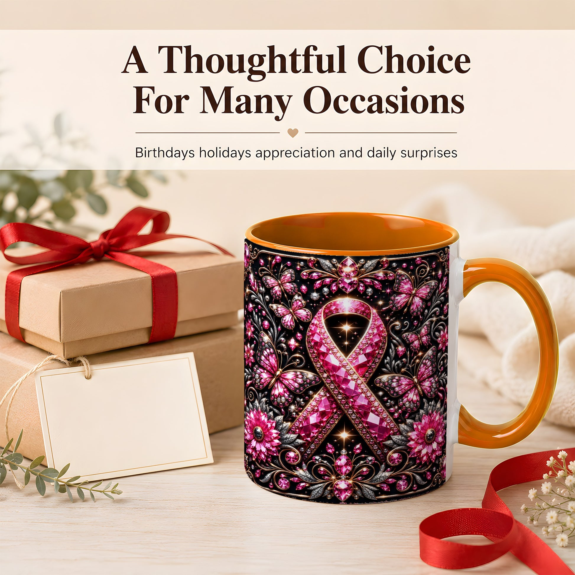 #pl[11oz|Orange] Breast Cancer Awareness Coffee Mug, Pink Ribbon Mug, Ceramic Cup