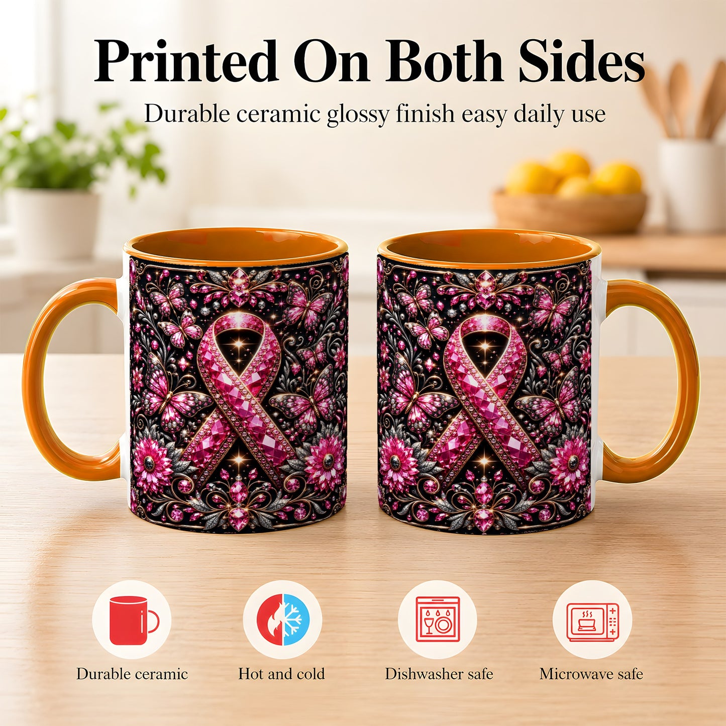 #pl[11oz|Orange] Breast Cancer Awareness Coffee Mug, Pink Ribbon Mug, Ceramic Cup