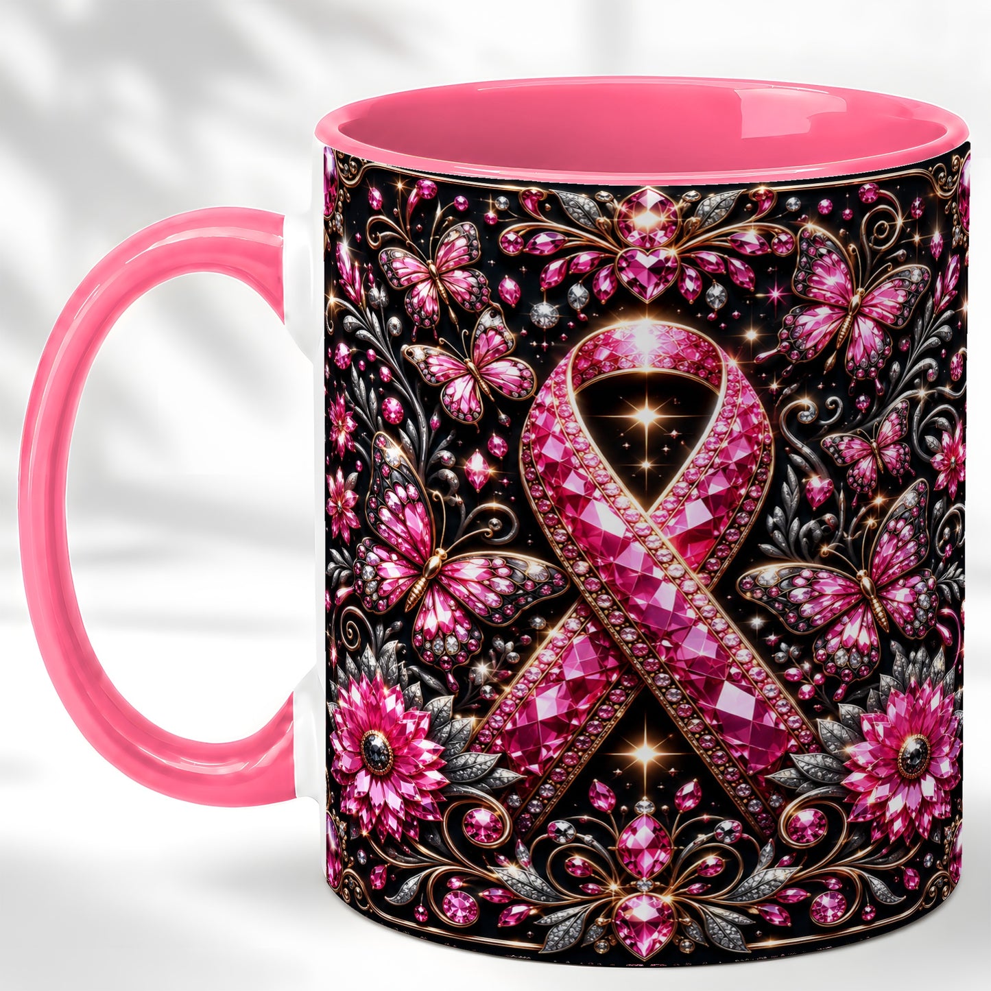 #pl[11oz|Pink] Breast Cancer Awareness Coffee Mug, Pink Ribbon Mug, Ceramic Cup