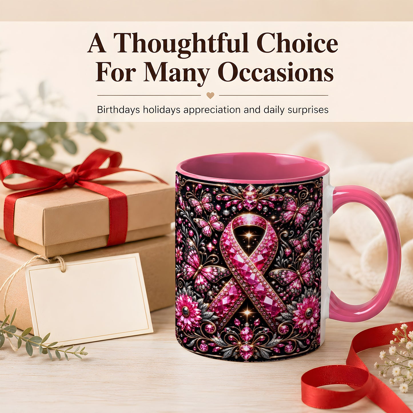 #pl[11oz|Pink] Breast Cancer Awareness Coffee Mug, Pink Ribbon Mug, Ceramic Cup