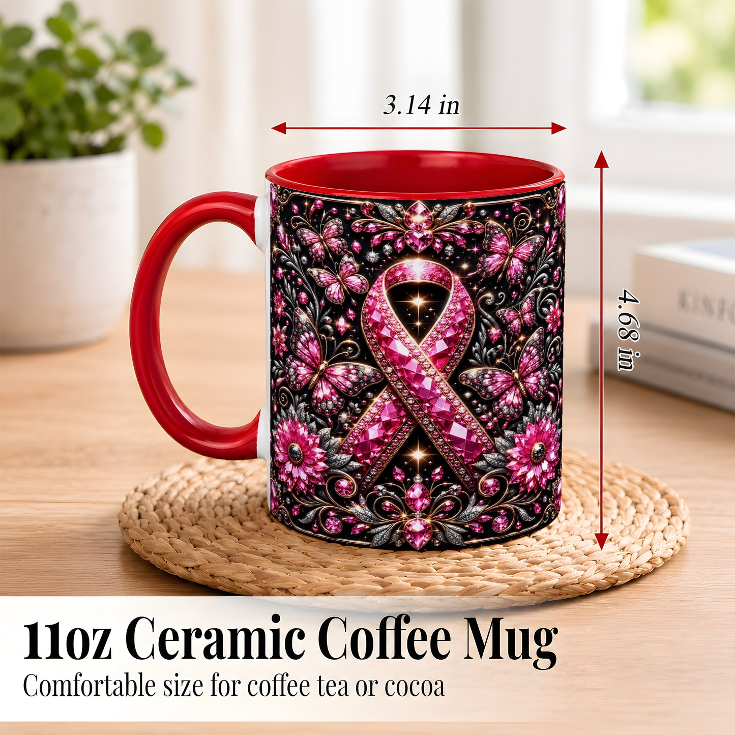 #pl[11oz|Red] Breast Cancer Awareness Coffee Mug, Pink Ribbon Mug, Ceramic Cup