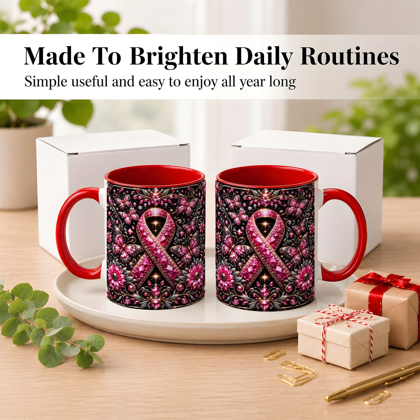 #pl[11oz|Red] Breast Cancer Awareness Coffee Mug, Pink Ribbon Mug, Ceramic Cup