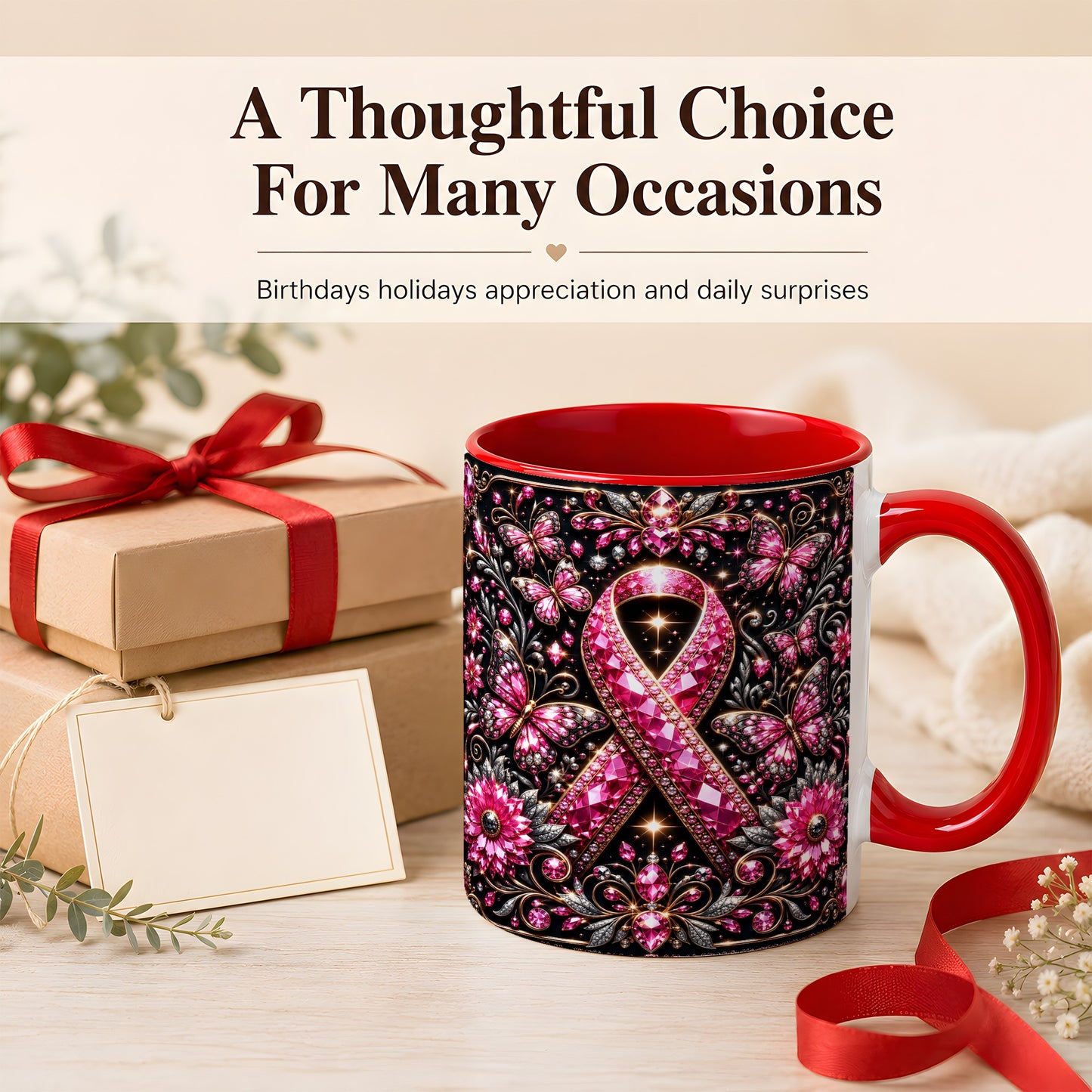 #pl[11oz|Red] Breast Cancer Awareness Coffee Mug, Pink Ribbon Mug, Ceramic Cup