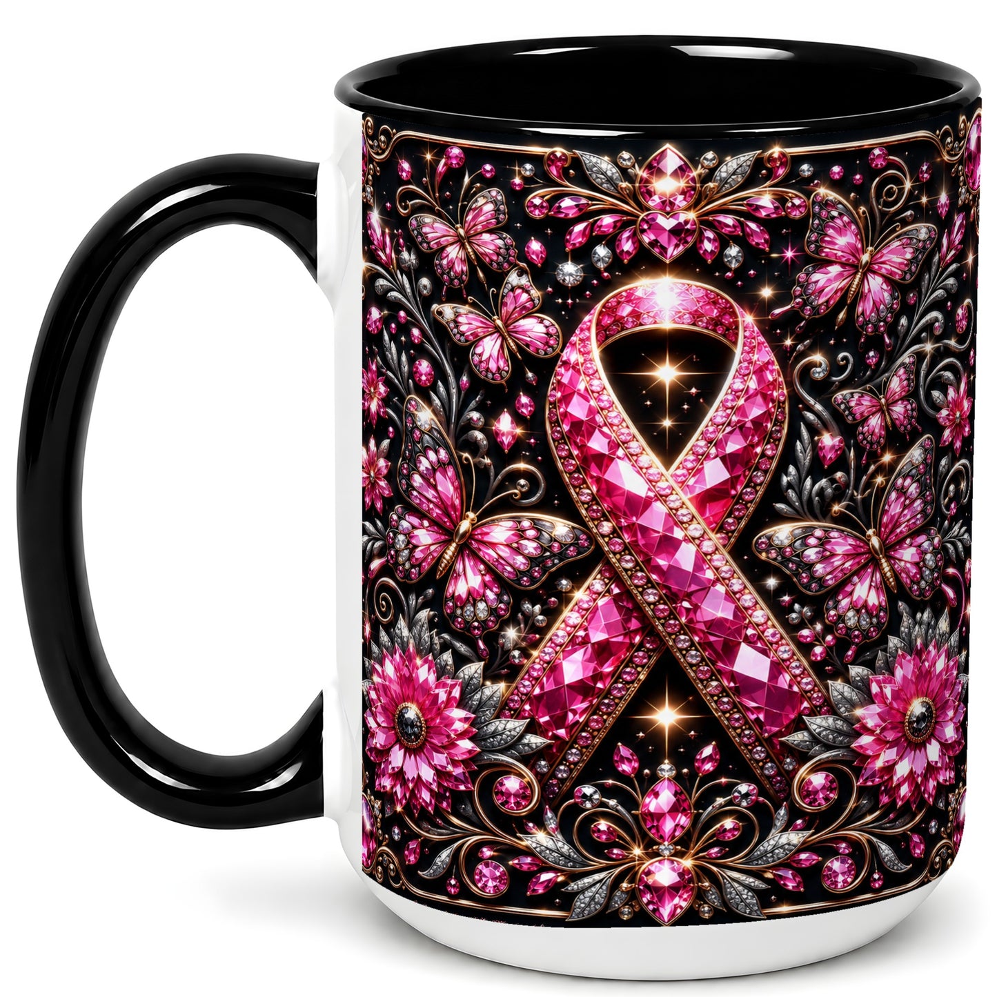 #pl[15oz|Black] Breast Cancer Awareness Coffee Mug, Pink Ribbon Mug, Ceramic Cup