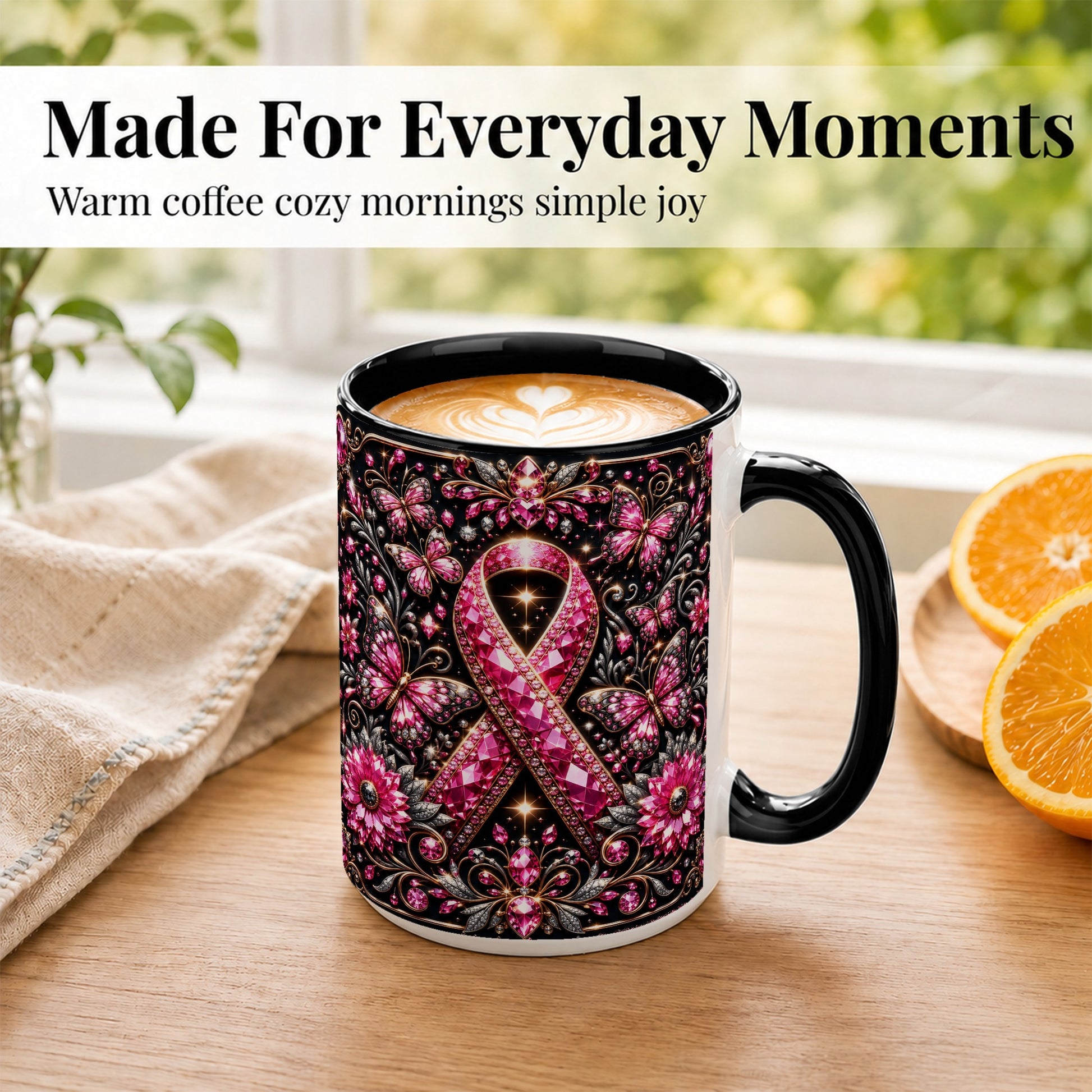 #pl[15oz|Black] Breast Cancer Awareness Coffee Mug, Pink Ribbon Mug, Ceramic Cup