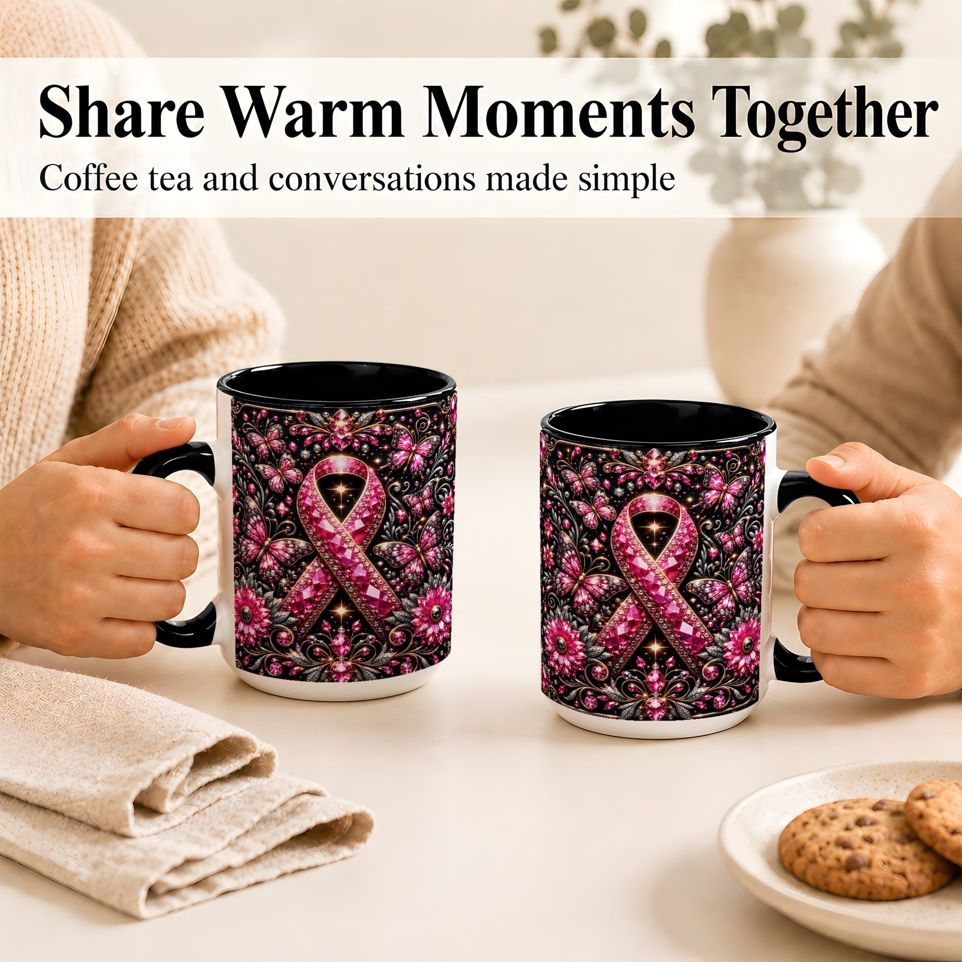 #pl[15oz|Black] Breast Cancer Awareness Coffee Mug, Pink Ribbon Mug, Ceramic Cup