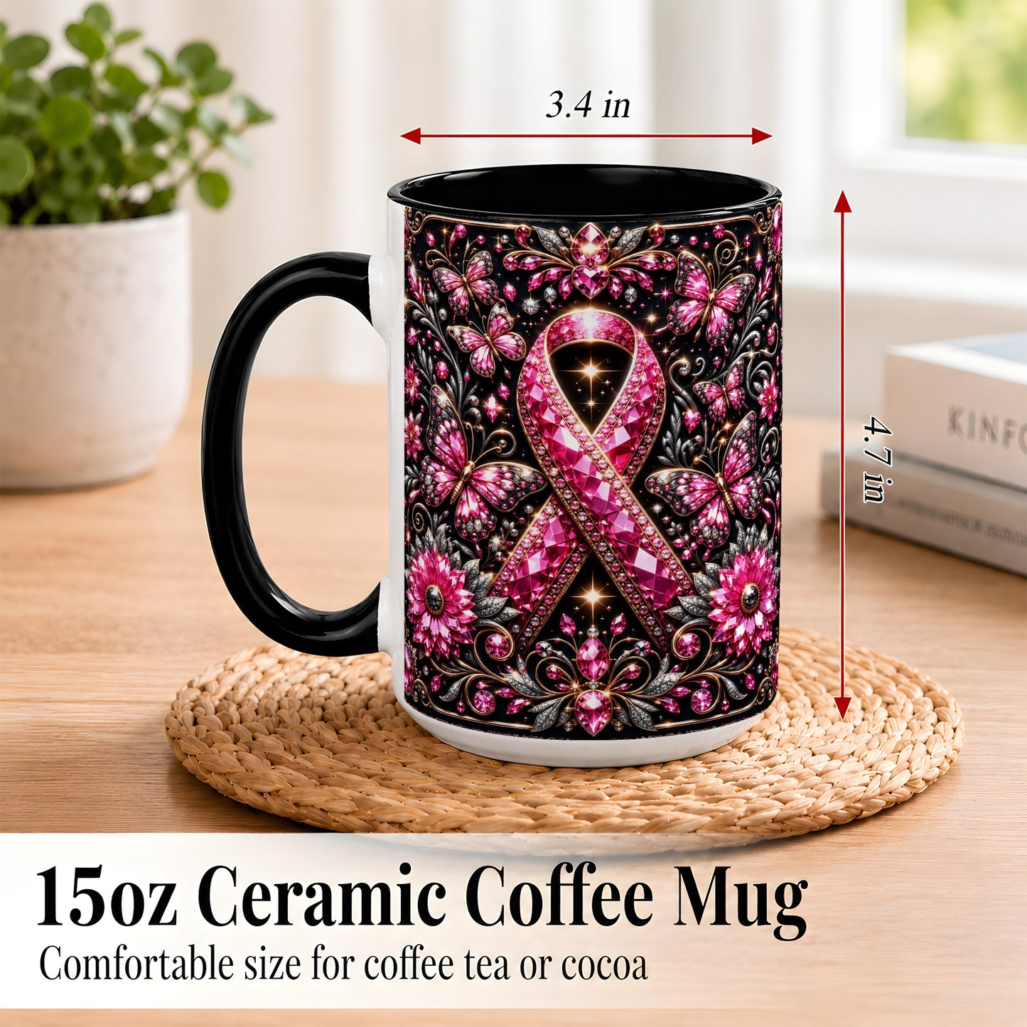 #pl[15oz|Black] Breast Cancer Awareness Coffee Mug, Pink Ribbon Mug, Ceramic Cup