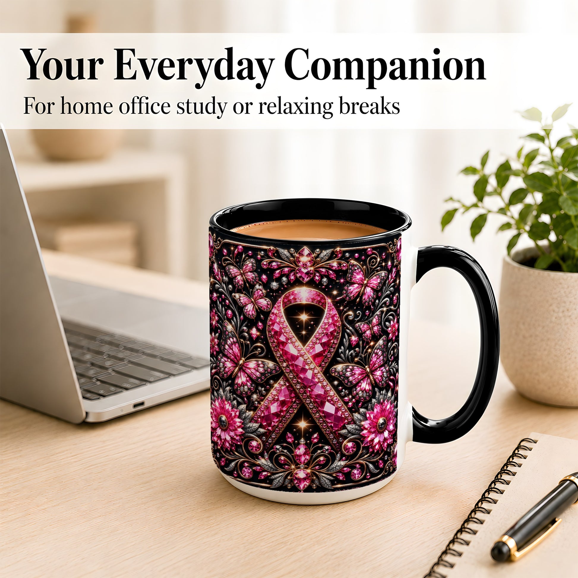 #pl[15oz|Black] Breast Cancer Awareness Coffee Mug, Pink Ribbon Mug, Ceramic Cup