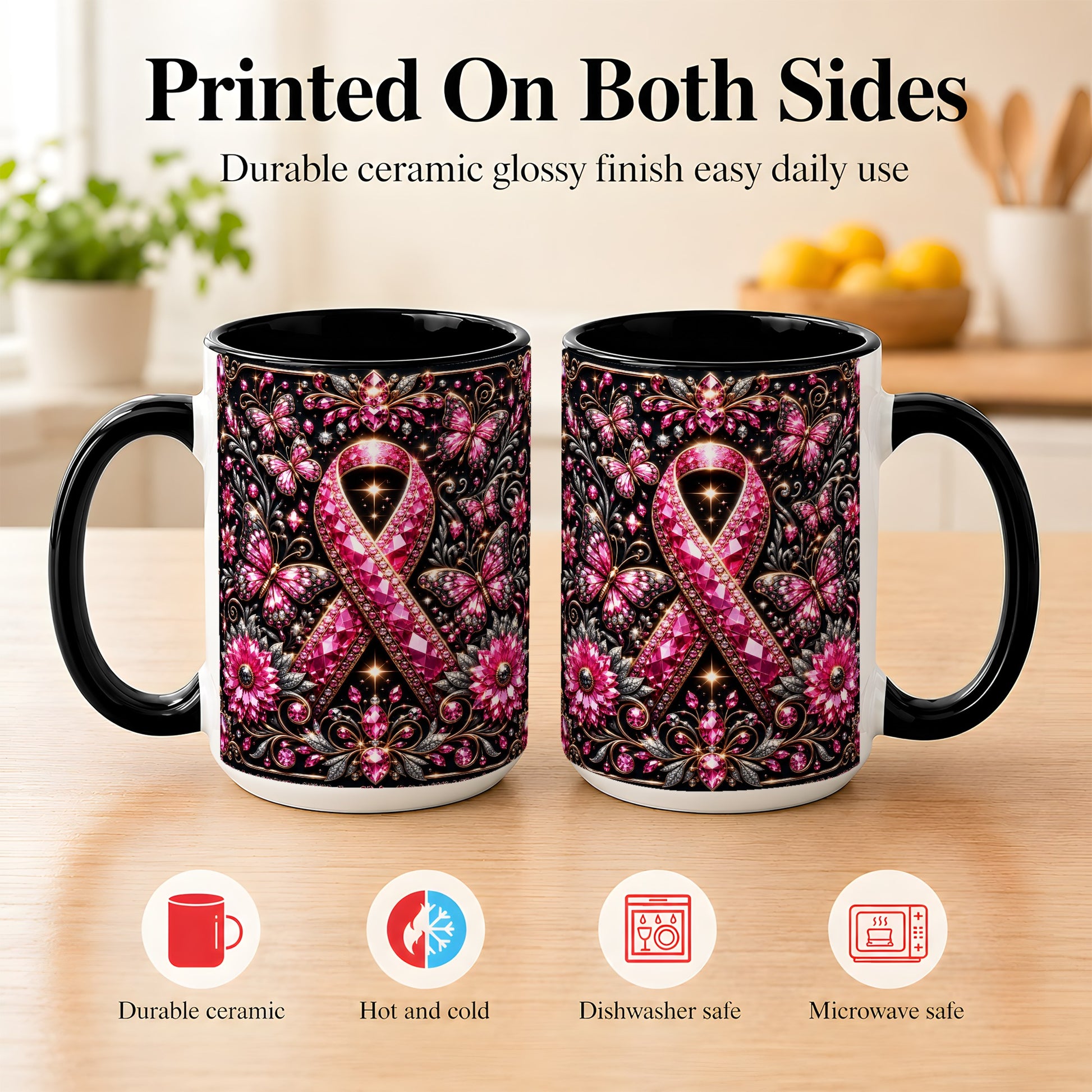 #pl[15oz|Black] Breast Cancer Awareness Coffee Mug, Pink Ribbon Mug, Ceramic Cup