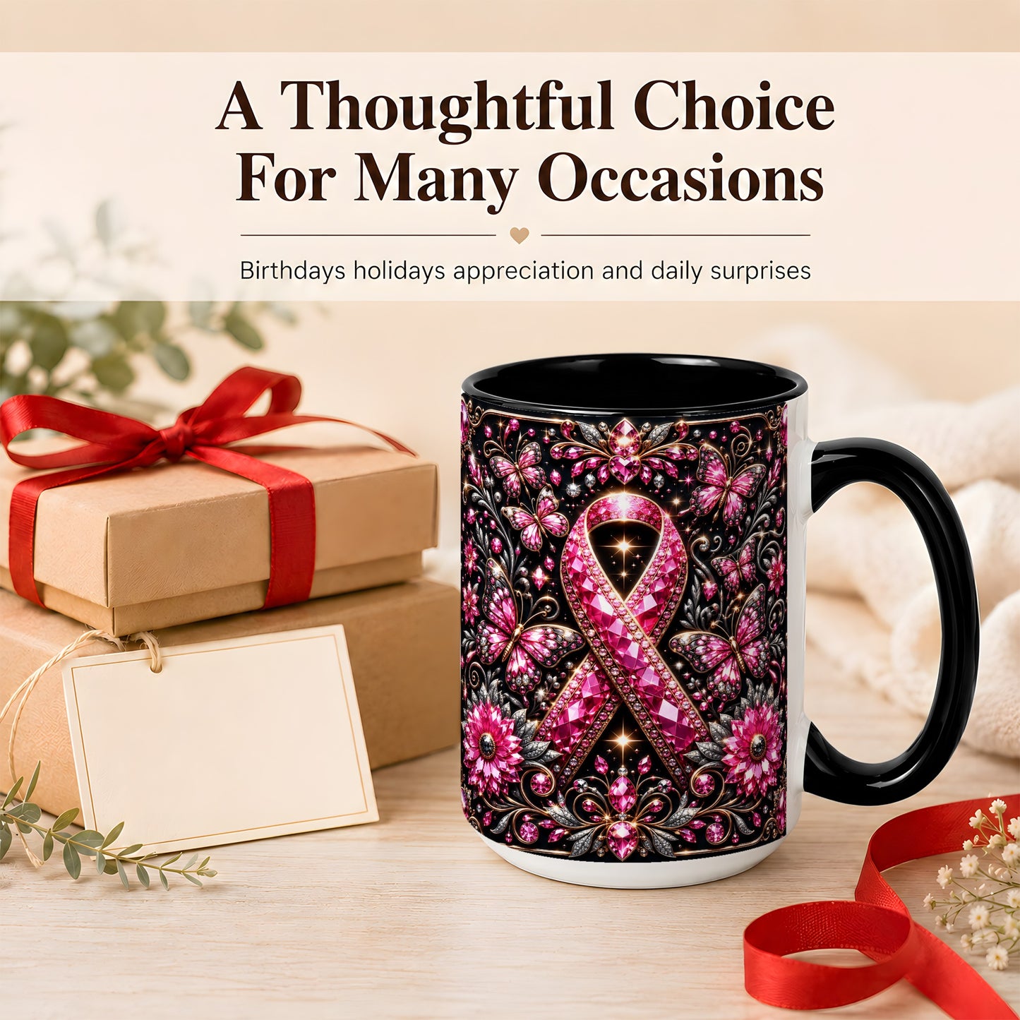 #pl[15oz|Black] Breast Cancer Awareness Coffee Mug, Pink Ribbon Mug, Ceramic Cup
