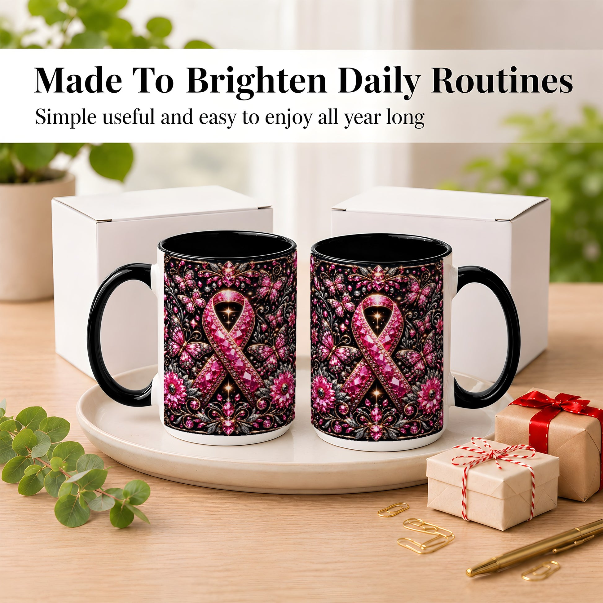 #pl[15oz|Black] Breast Cancer Awareness Coffee Mug, Pink Ribbon Mug, Ceramic Cup