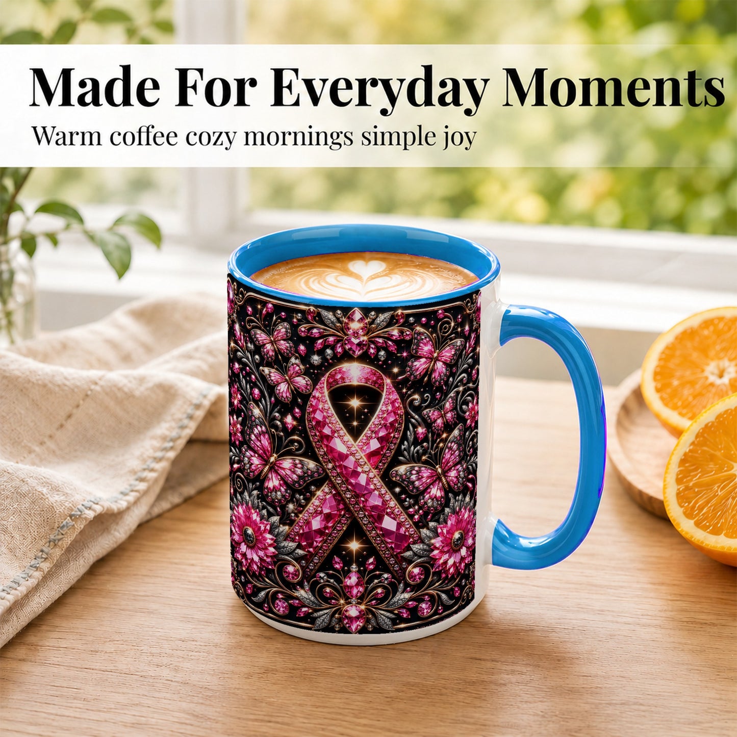 #pl[15oz|Blue] Breast Cancer Awareness Coffee Mug, Pink Ribbon Mug, Ceramic Cup