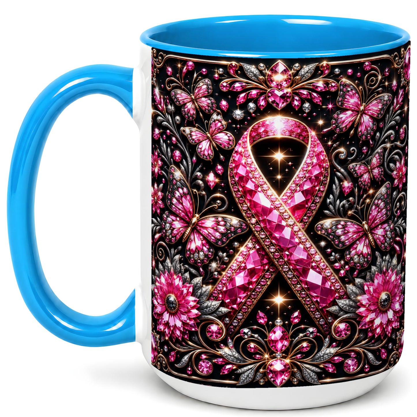 #pl[15oz|Blue] Breast Cancer Awareness Coffee Mug, Pink Ribbon Mug, Ceramic Cup