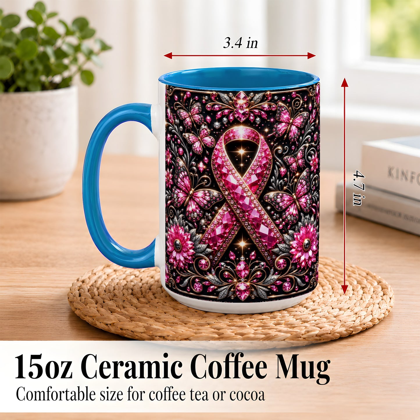 #pl[15oz|Blue] Breast Cancer Awareness Coffee Mug, Pink Ribbon Mug, Ceramic Cup