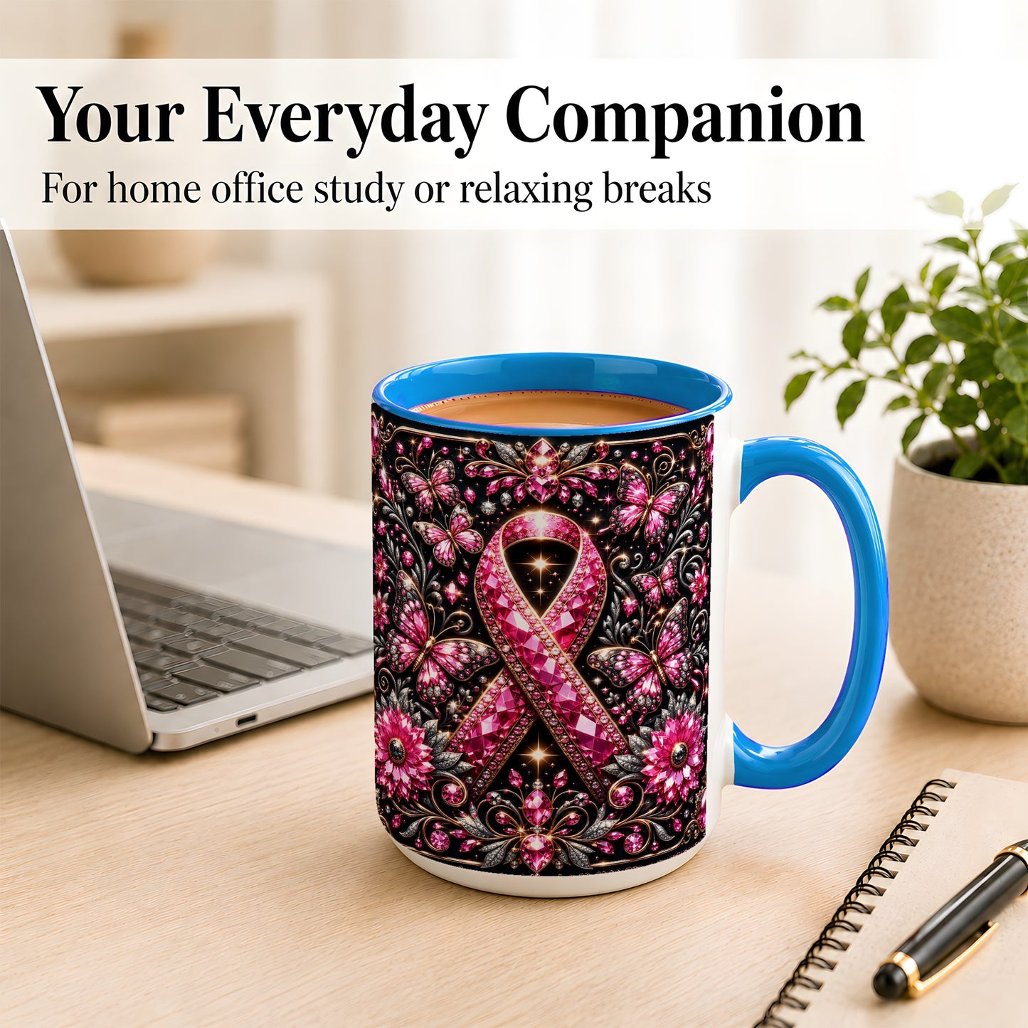 #pl[15oz|Blue] Breast Cancer Awareness Coffee Mug, Pink Ribbon Mug, Ceramic Cup