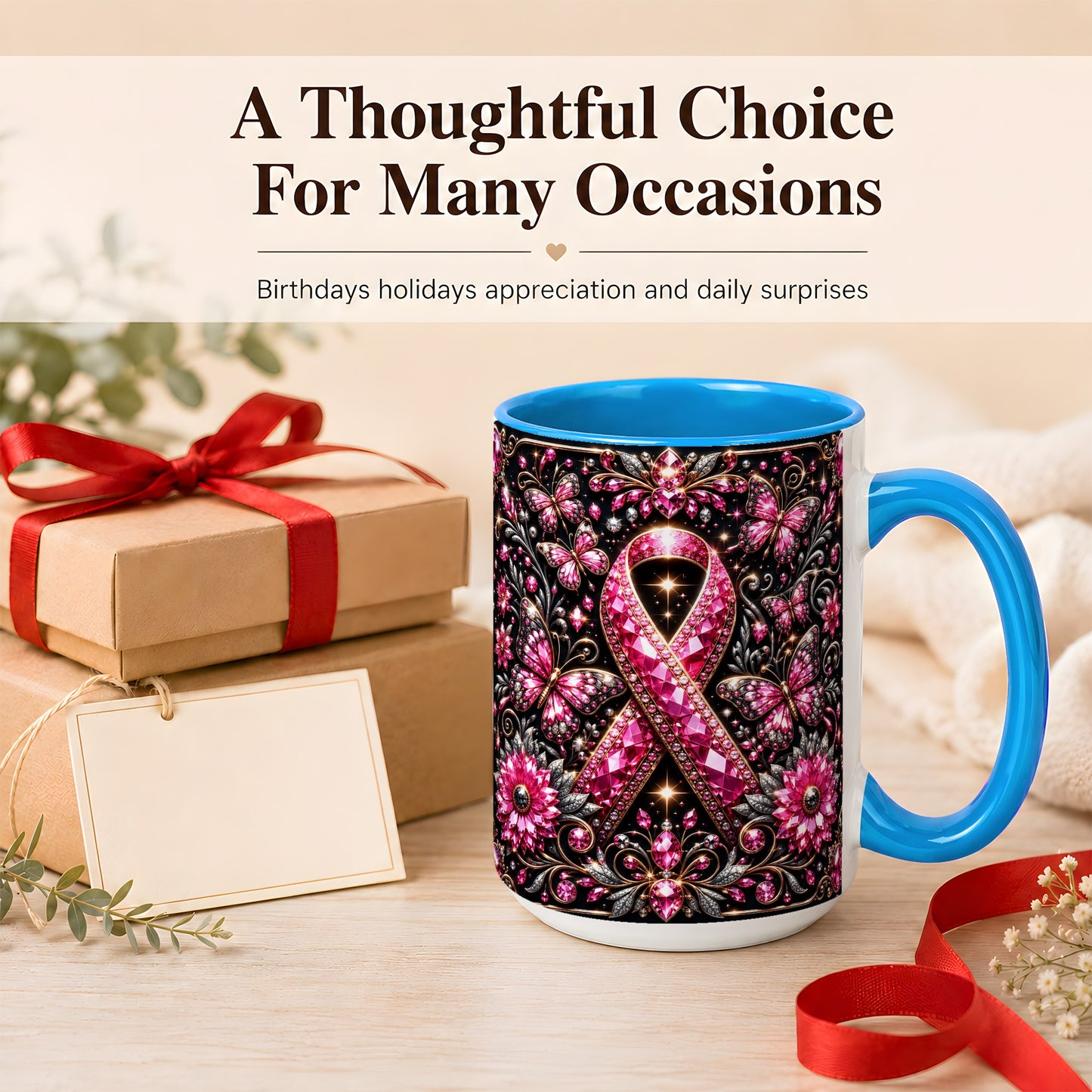 #pl[15oz|Blue] Breast Cancer Awareness Coffee Mug, Pink Ribbon Mug, Ceramic Cup