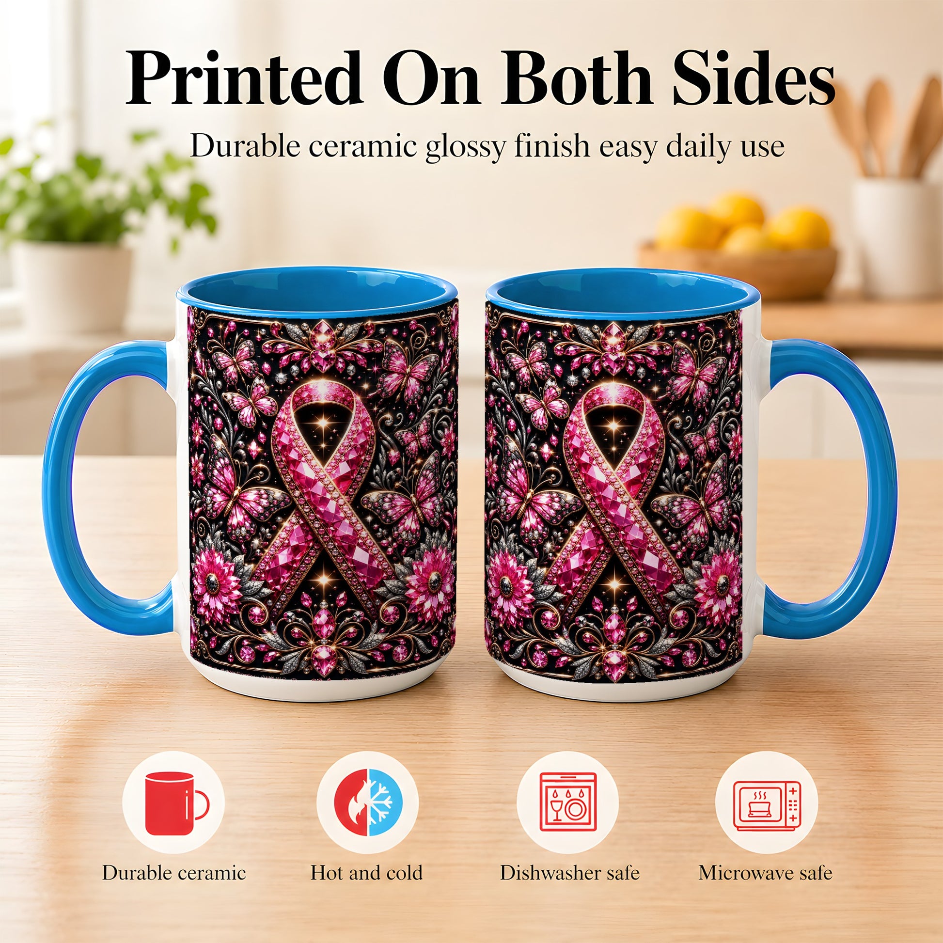 #pl[15oz|Blue] Breast Cancer Awareness Coffee Mug, Pink Ribbon Mug, Ceramic Cup