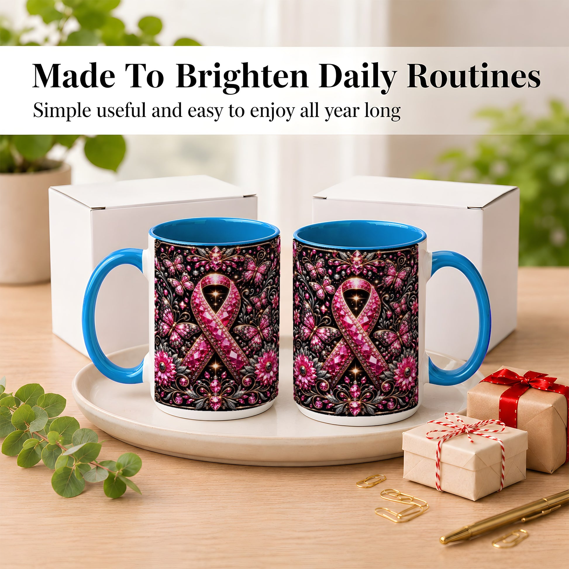 #pl[15oz|Blue] Breast Cancer Awareness Coffee Mug, Pink Ribbon Mug, Ceramic Cup
