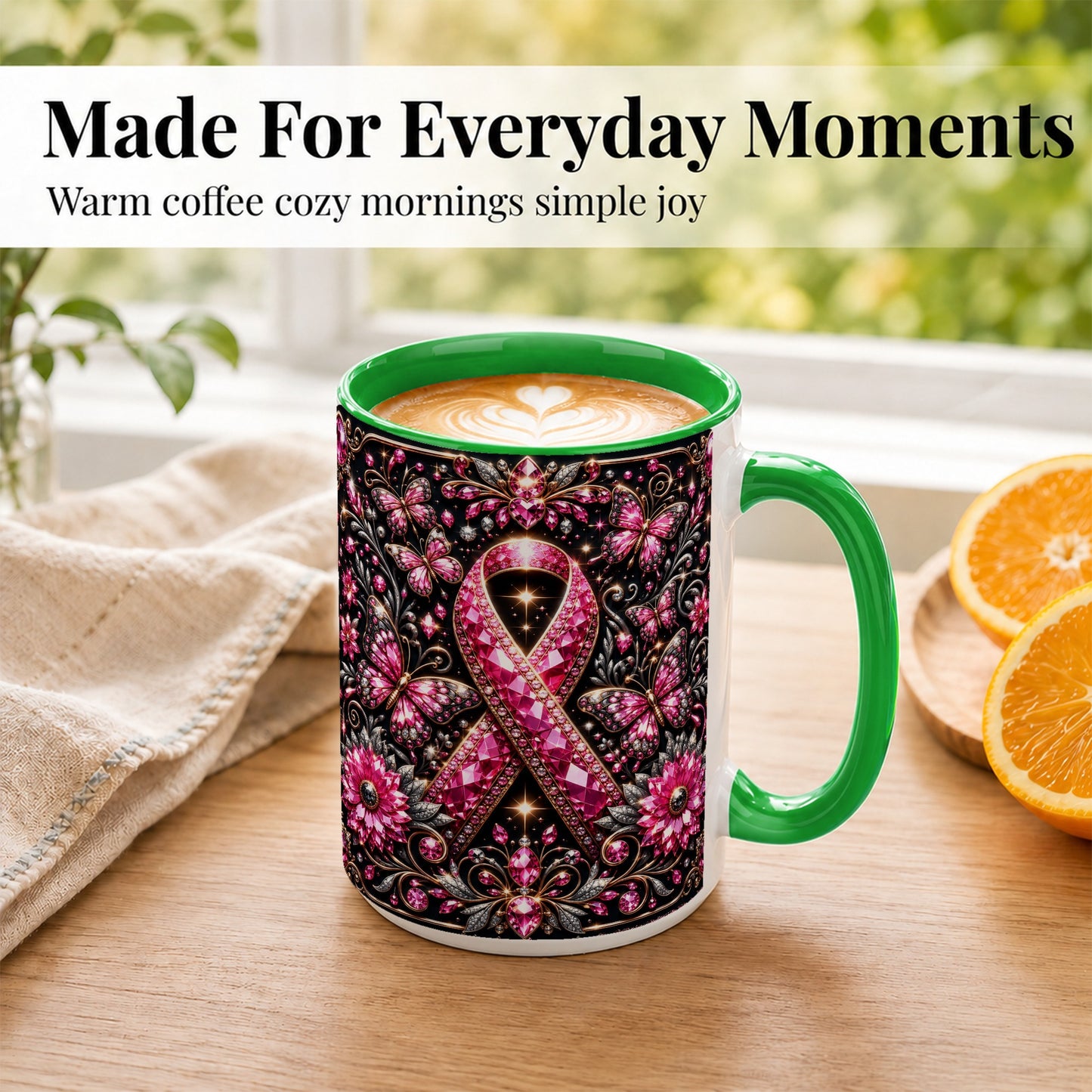#pl[15oz|Green] Breast Cancer Awareness Coffee Mug, Pink Ribbon Mug, Ceramic Cup