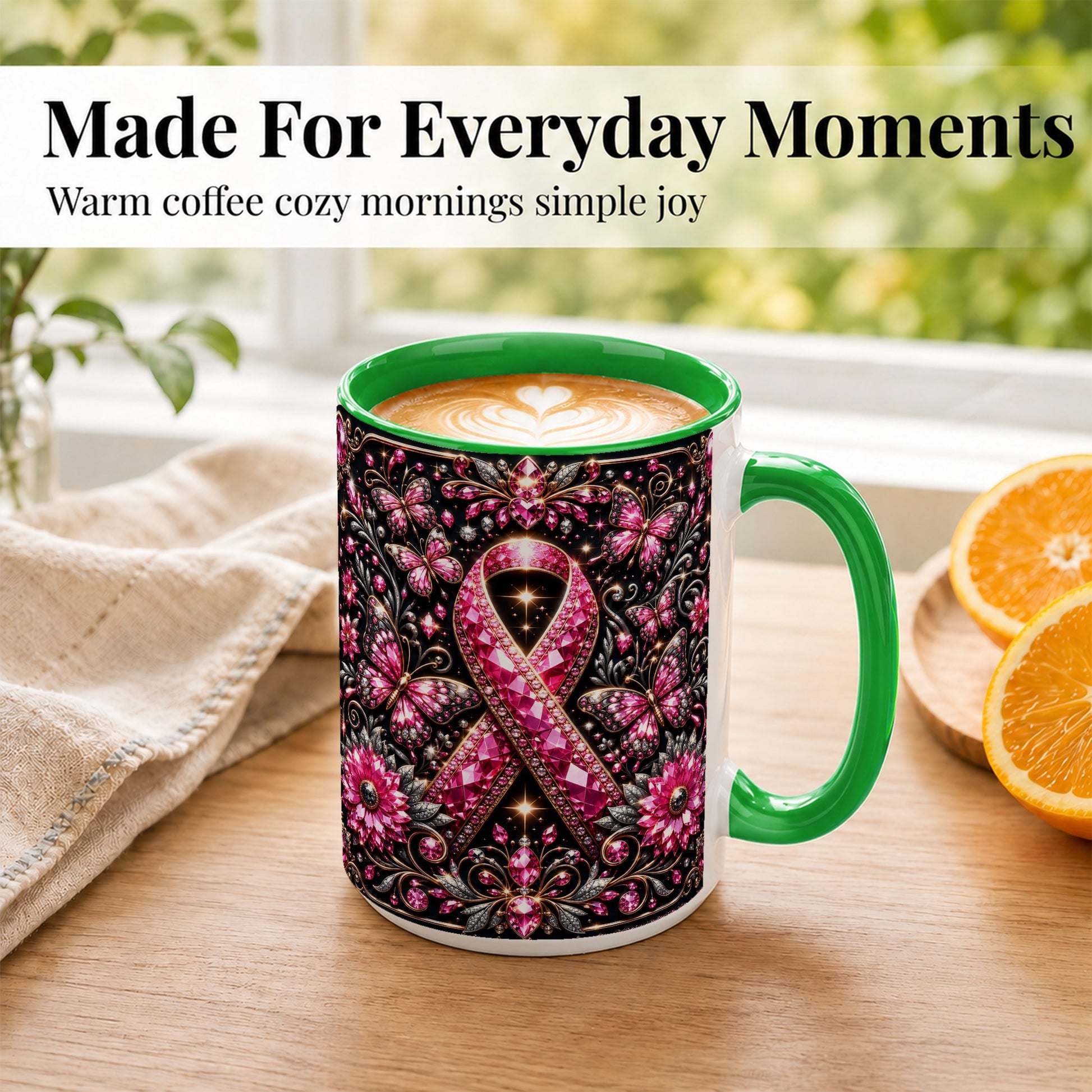 #pl[15oz|Green] Breast Cancer Awareness Coffee Mug, Pink Ribbon Mug, Ceramic Cup