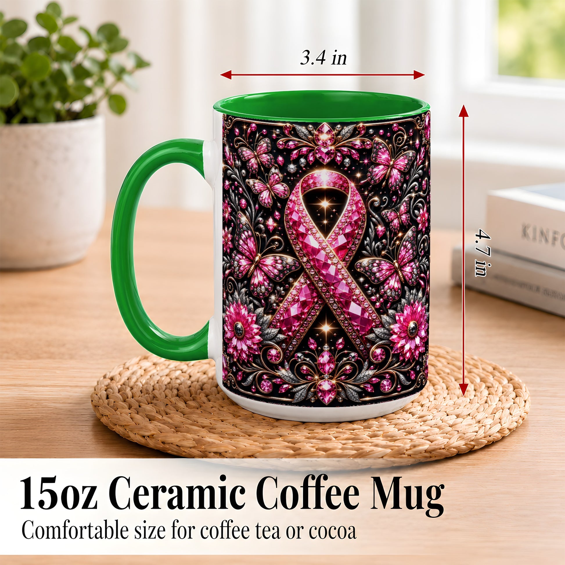 #pl[15oz|Green] Breast Cancer Awareness Coffee Mug, Pink Ribbon Mug, Ceramic Cup