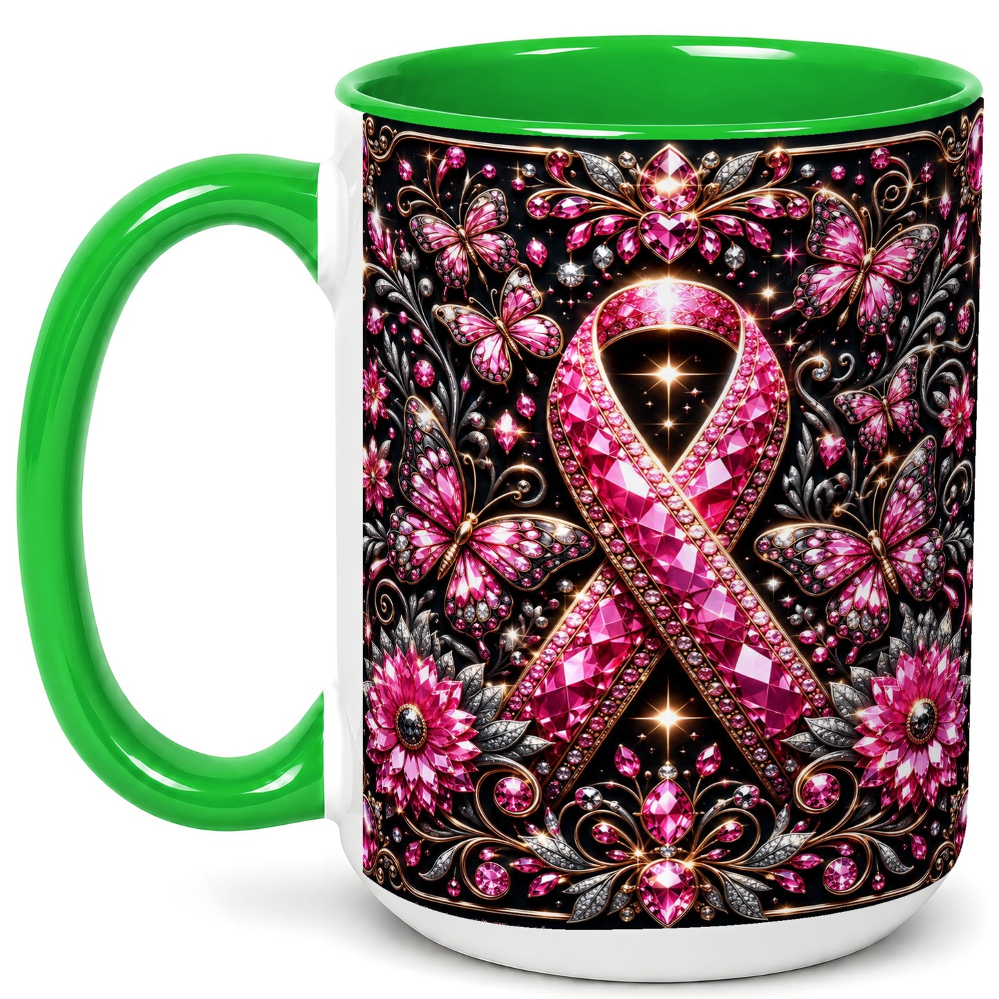 #pl[15oz|Green] Breast Cancer Awareness Coffee Mug, Pink Ribbon Mug, Ceramic Cup