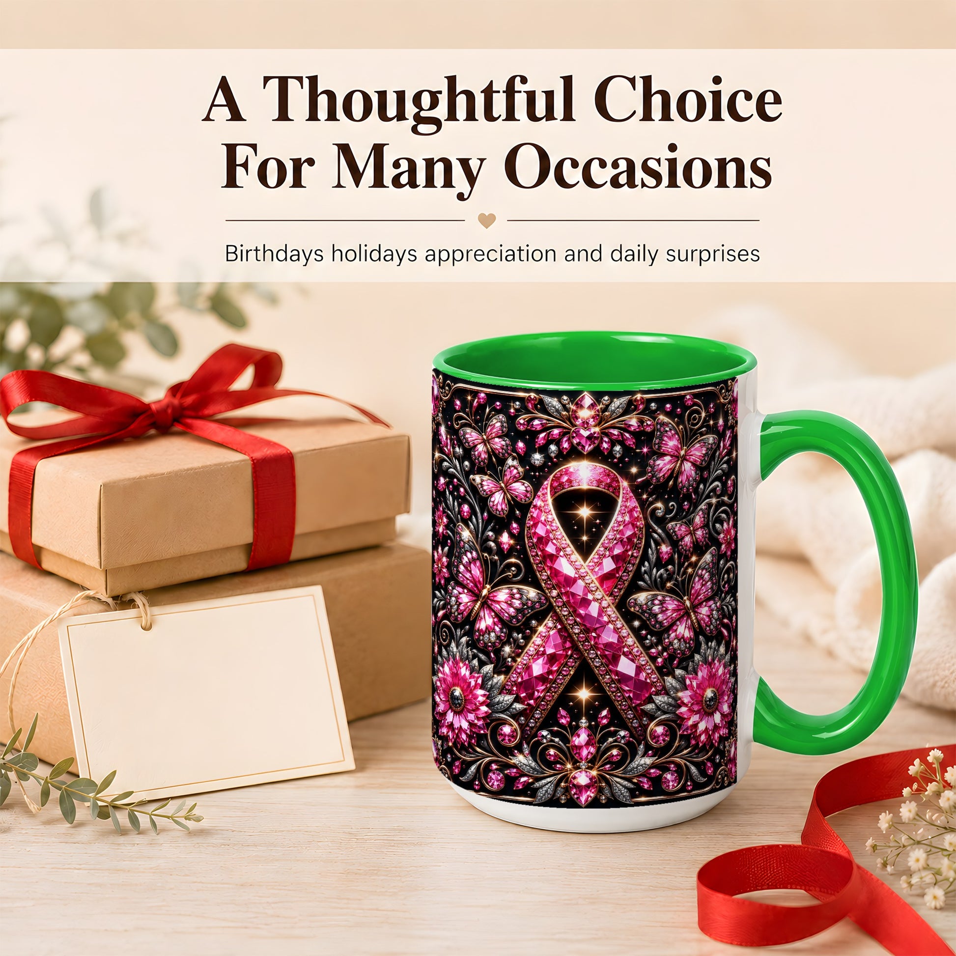 #pl[15oz|Green] Breast Cancer Awareness Coffee Mug, Pink Ribbon Mug, Ceramic Cup