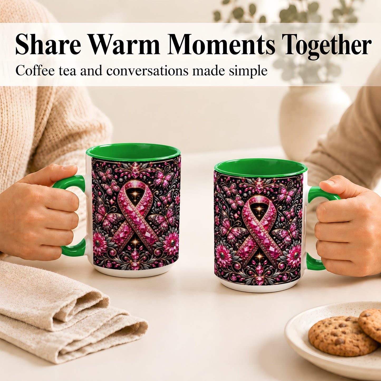 #pl[15oz|Green] Breast Cancer Awareness Coffee Mug, Pink Ribbon Mug, Ceramic Cup