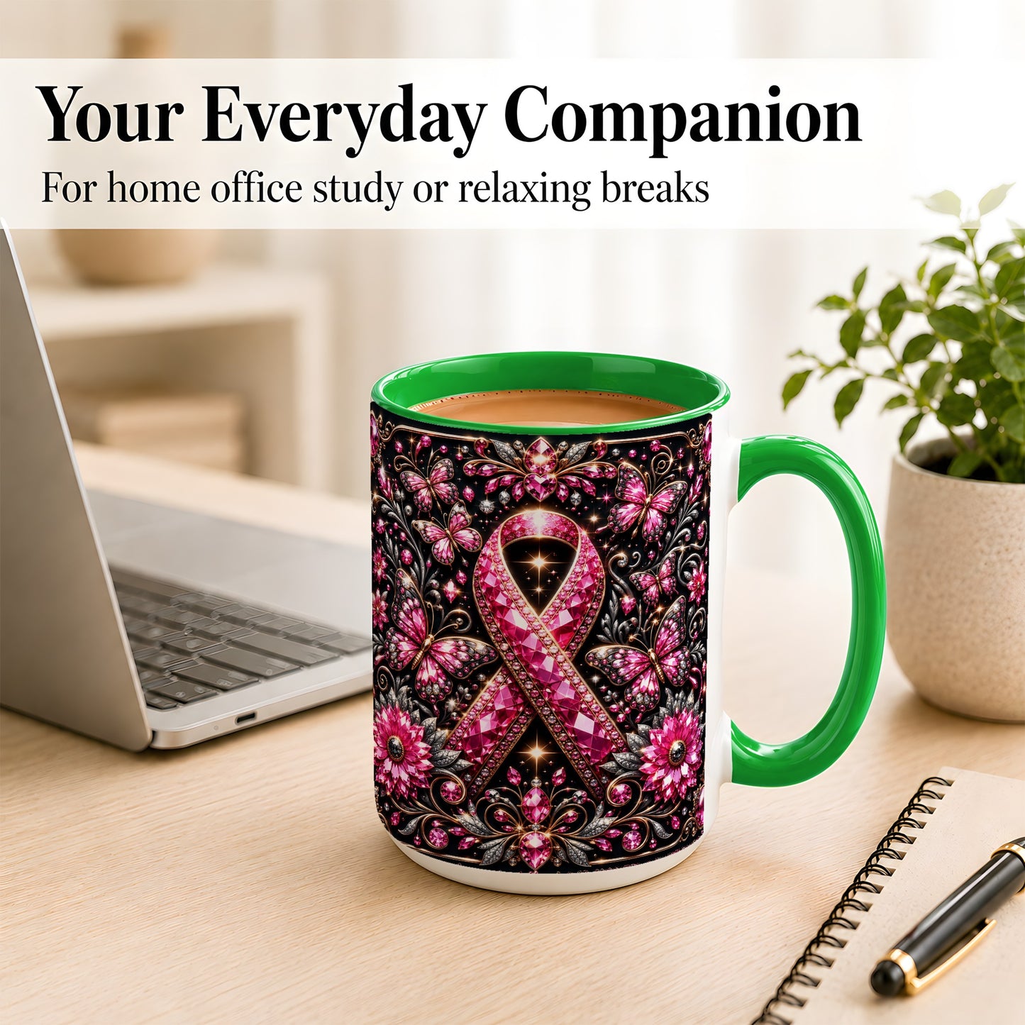 #pl[15oz|Green] Breast Cancer Awareness Coffee Mug, Pink Ribbon Mug, Ceramic Cup