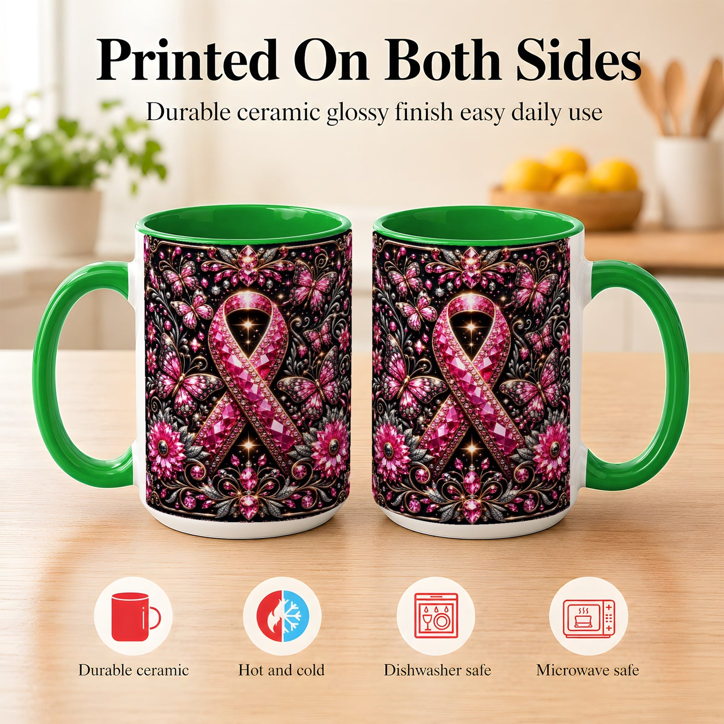 #pl[15oz|Green] Breast Cancer Awareness Coffee Mug, Pink Ribbon Mug, Ceramic Cup