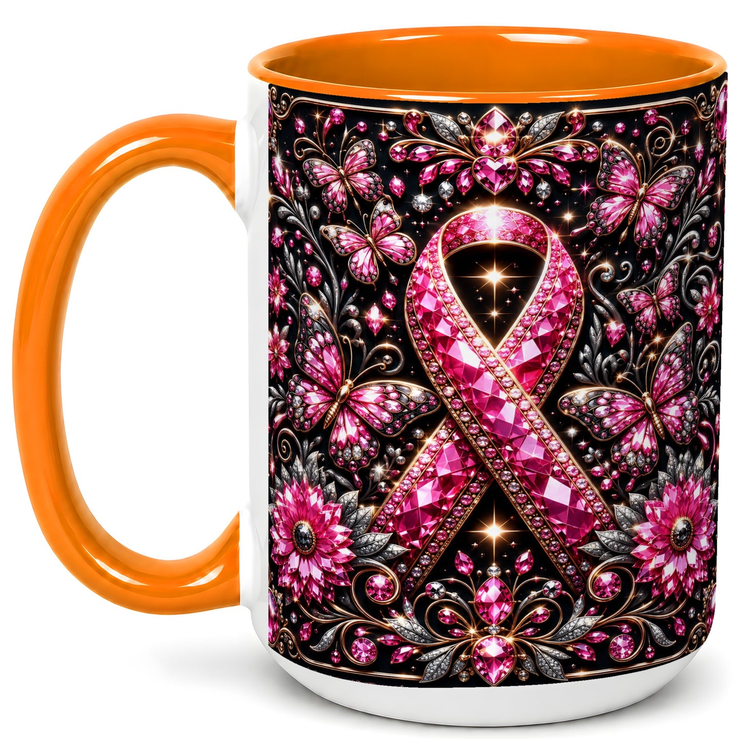 #pl[15oz|Orange] Breast Cancer Awareness Coffee Mug, Pink Ribbon Mug, Ceramic Cup