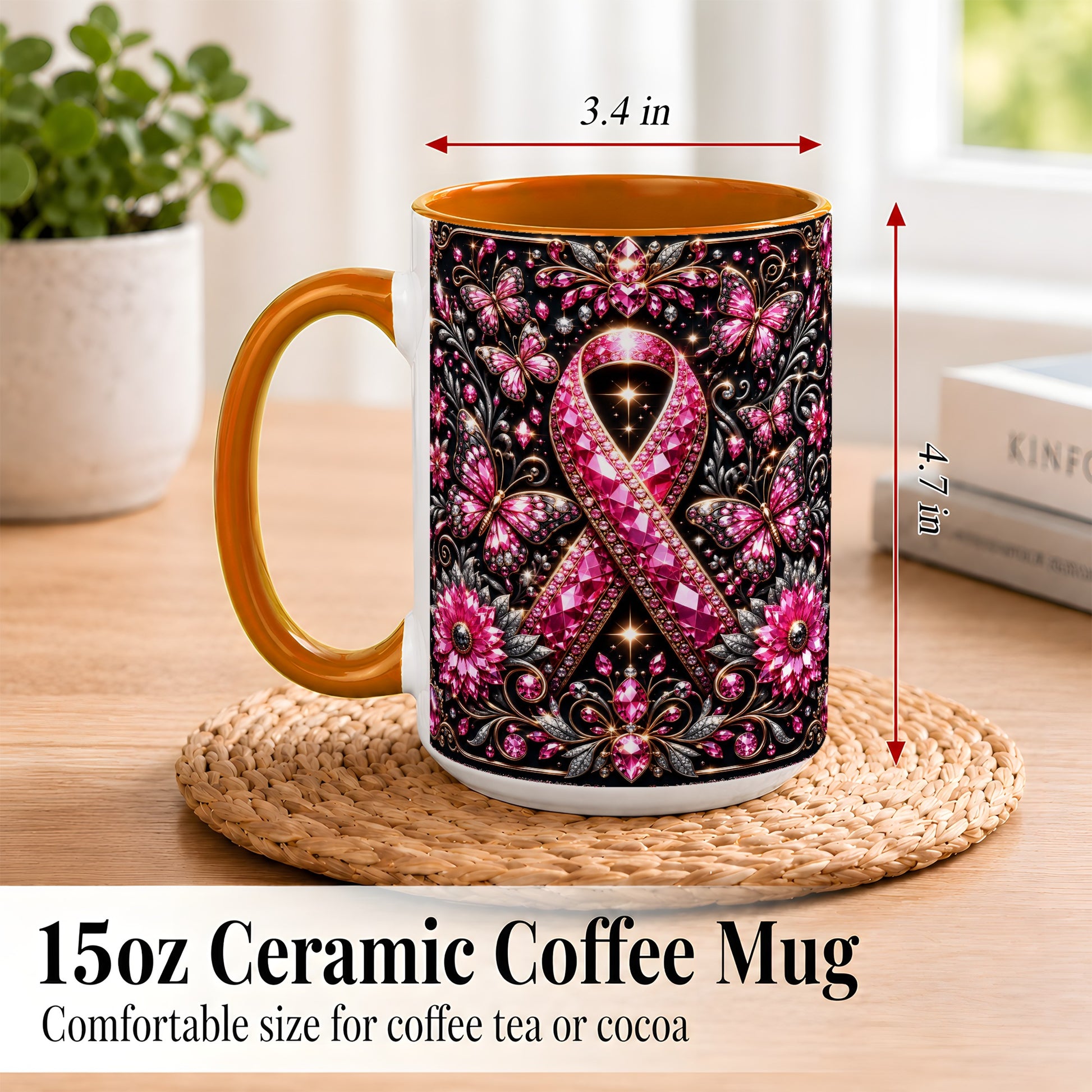 #pl[15oz|Orange] Breast Cancer Awareness Coffee Mug, Pink Ribbon Mug, Ceramic Cup