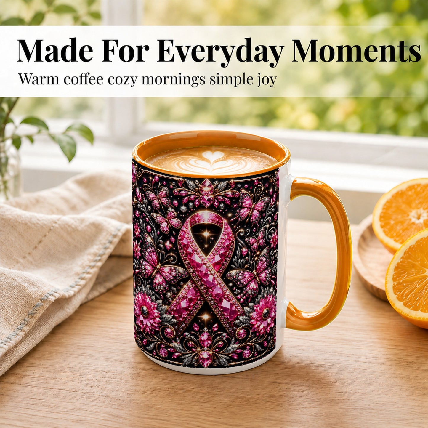 #pl[15oz|Orange] Breast Cancer Awareness Coffee Mug, Pink Ribbon Mug, Ceramic Cup