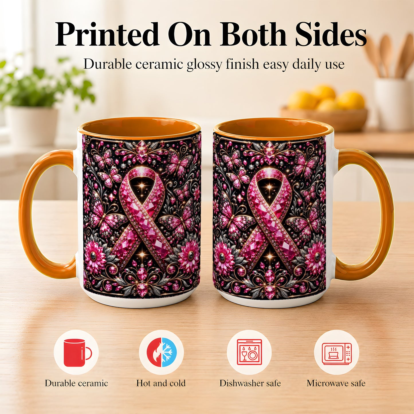 #pl[15oz|Orange] Breast Cancer Awareness Coffee Mug, Pink Ribbon Mug, Ceramic Cup