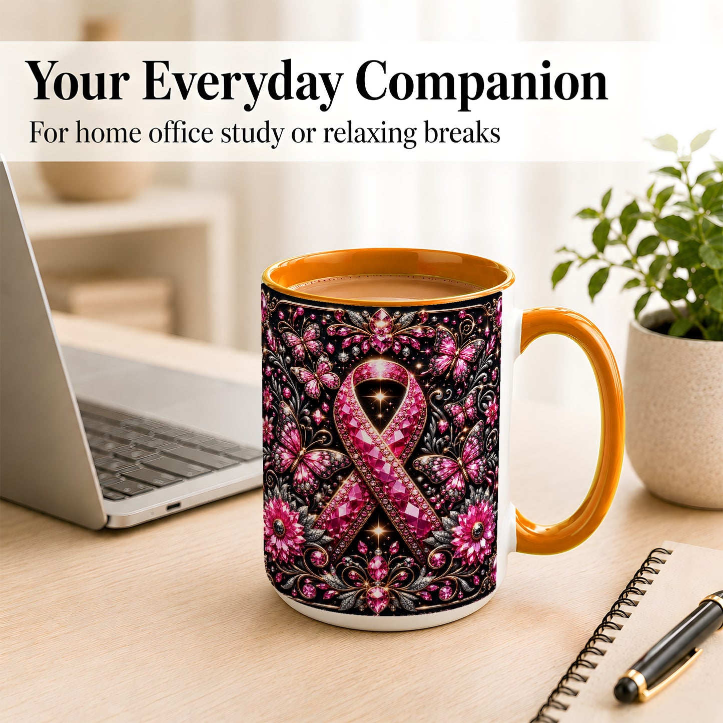 #pl[15oz|Orange] Breast Cancer Awareness Coffee Mug, Pink Ribbon Mug, Ceramic Cup