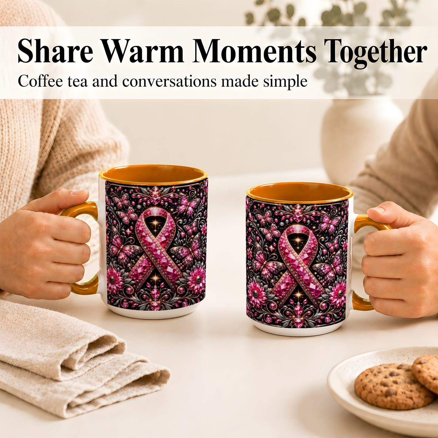 #pl[15oz|Orange] Breast Cancer Awareness Coffee Mug, Pink Ribbon Mug, Ceramic Cup