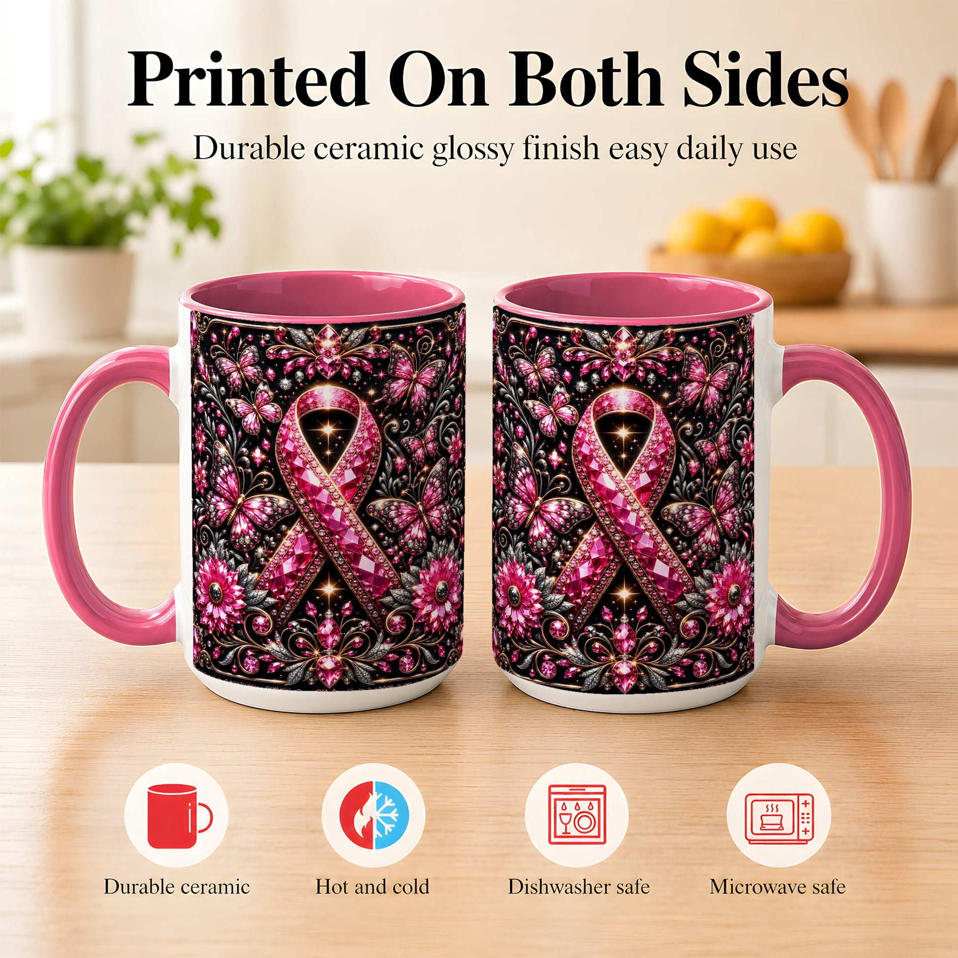 #pl[15oz|Pink] Breast Cancer Awareness Coffee Mug, Pink Ribbon Mug, Ceramic Cup