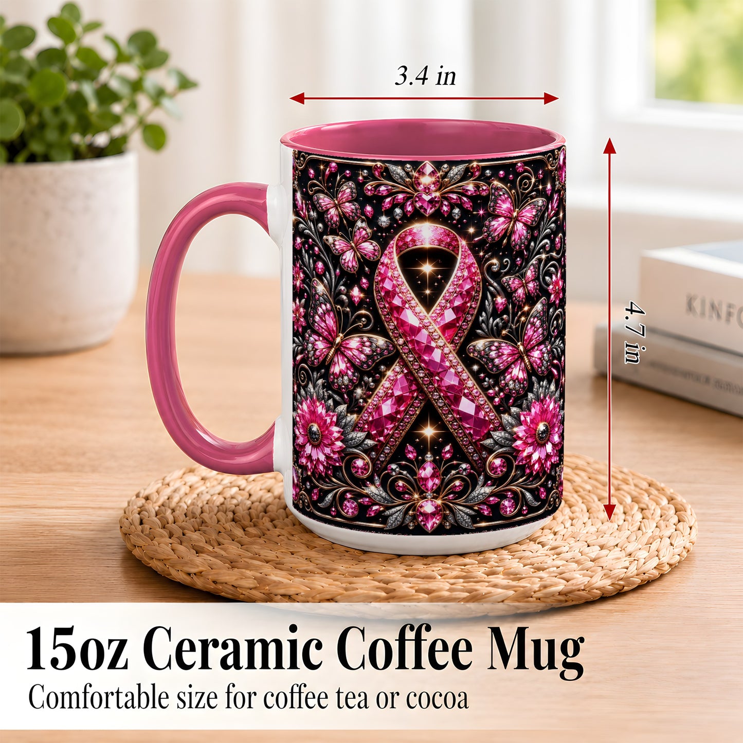 #pl[15oz|Pink] Breast Cancer Awareness Coffee Mug, Pink Ribbon Mug, Ceramic Cup