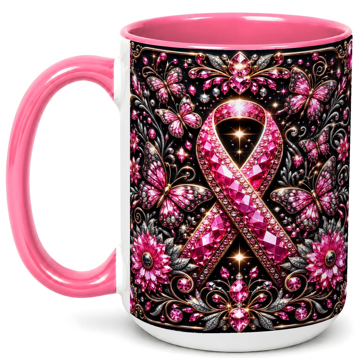 #pl[15oz|Pink] Breast Cancer Awareness Coffee Mug, Pink Ribbon Mug, Ceramic Cup