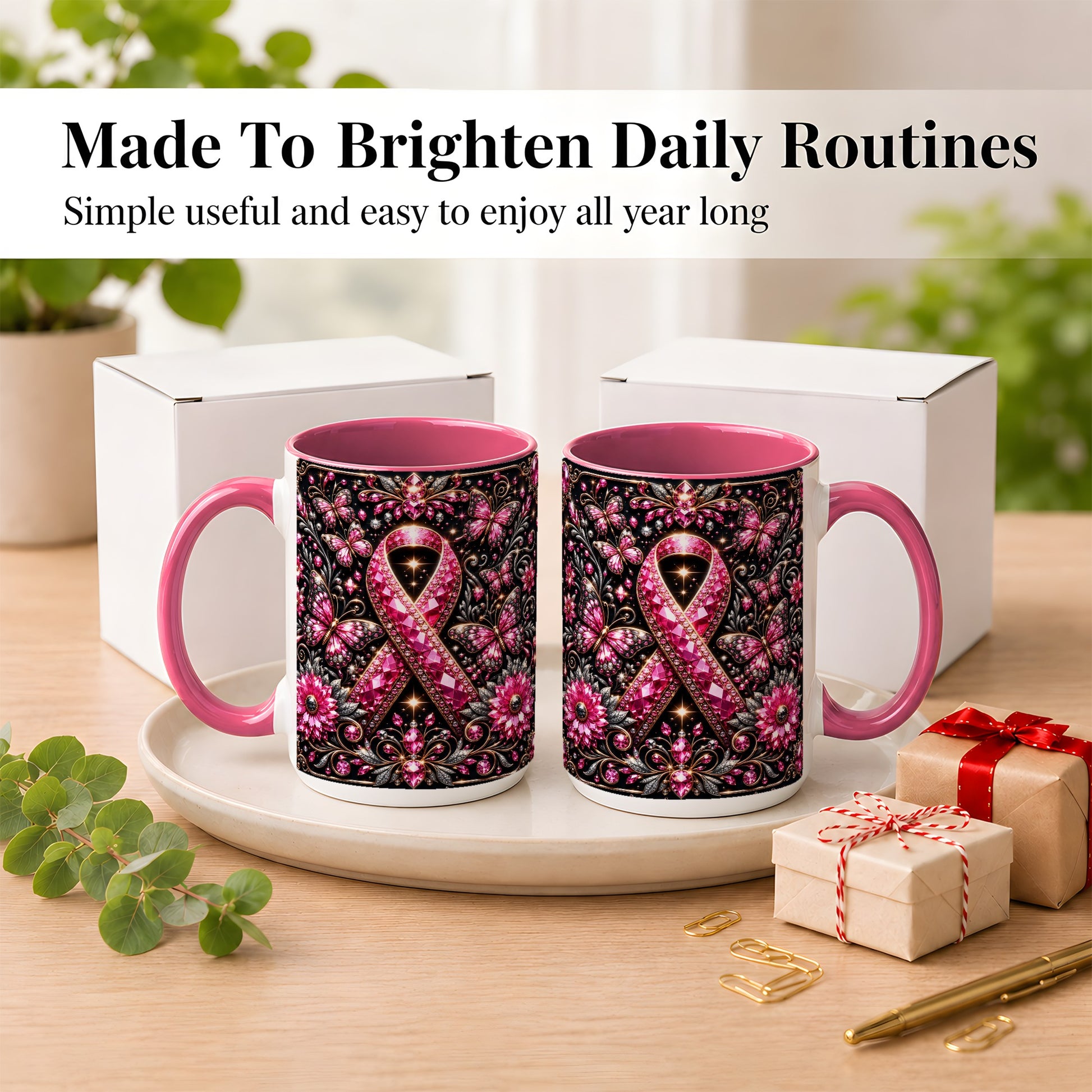 #pl[15oz|Pink] Breast Cancer Awareness Coffee Mug, Pink Ribbon Mug, Ceramic Cup
