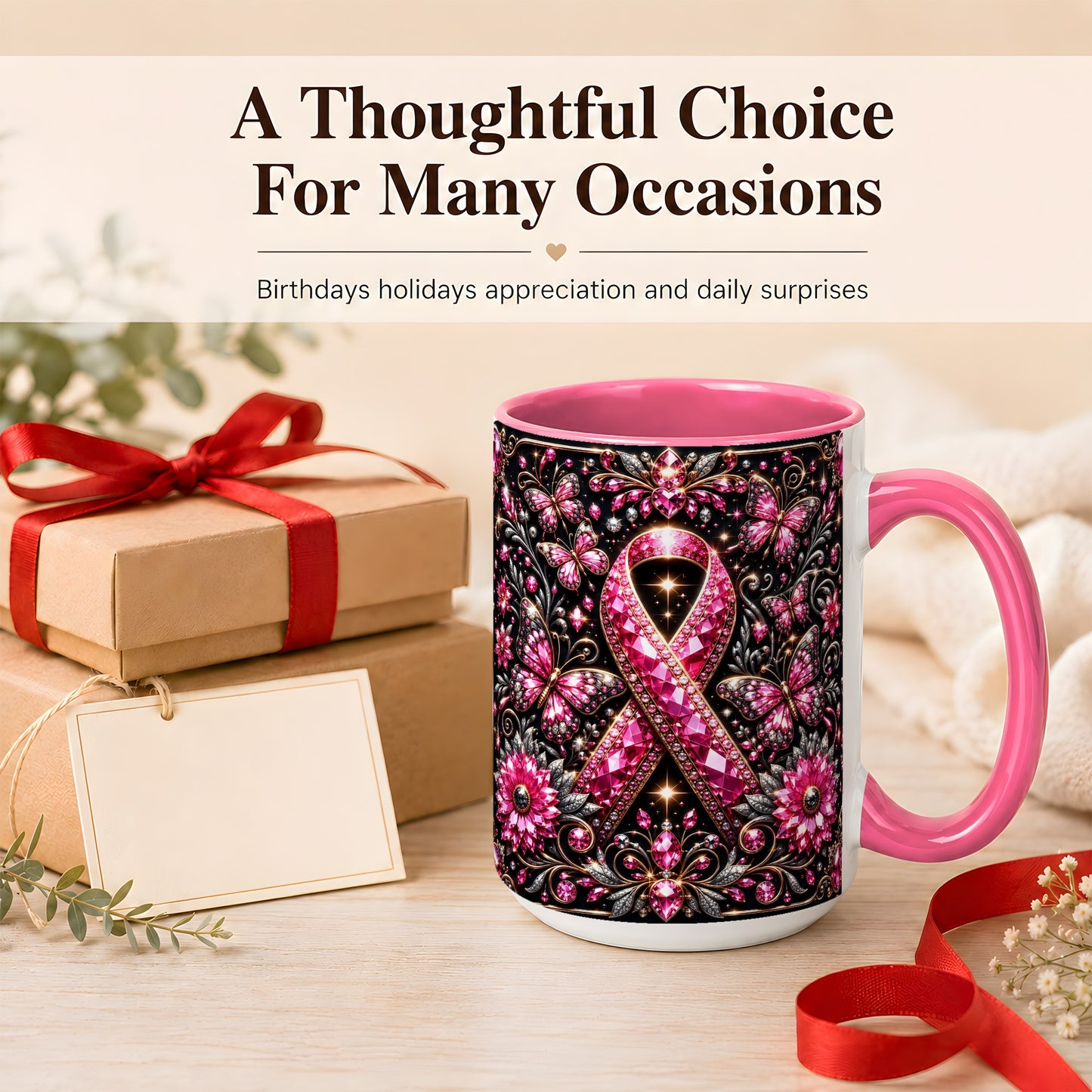 #pl[15oz|Pink] Breast Cancer Awareness Coffee Mug, Pink Ribbon Mug, Ceramic Cup